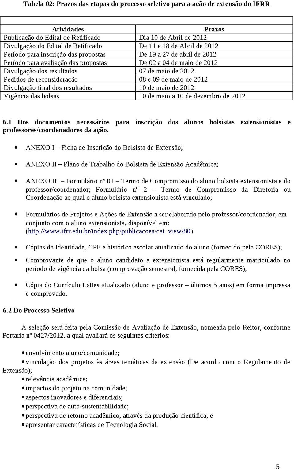 Pedidos de reconsideração 08 e 09 de maio de 2012 Divulgação final dos resultados 10 de maio de 2012 Vigência das bolsas 10 de maio a 10 de dezembro de 2012 6.