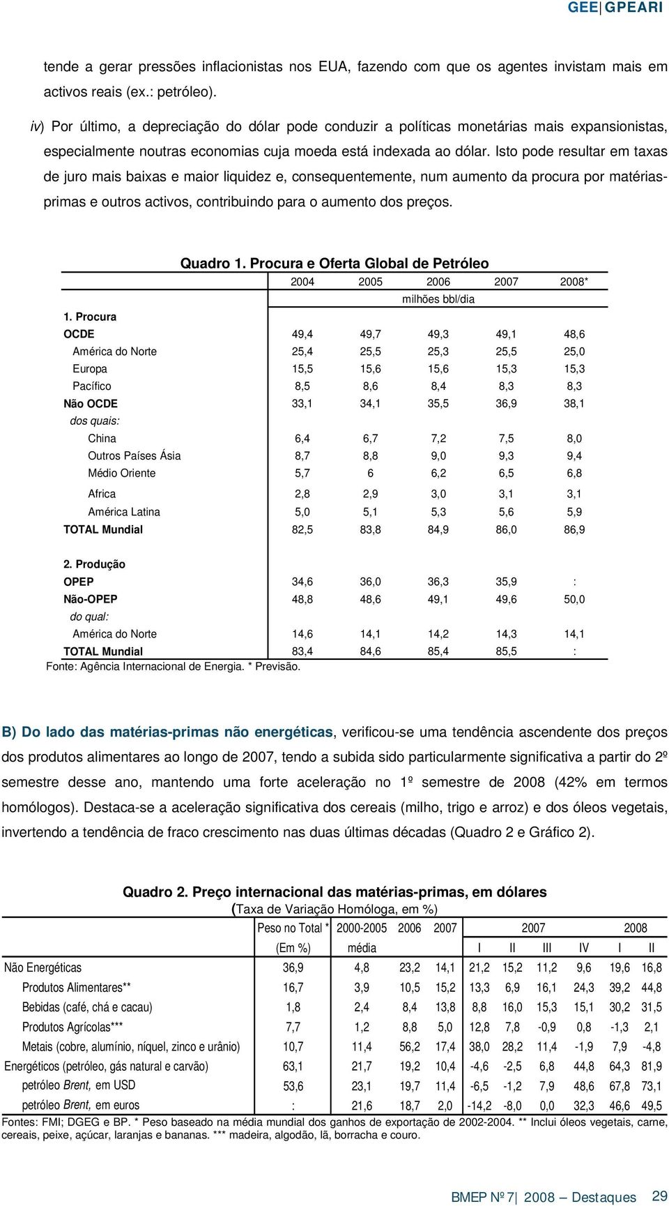 Isto pode resultar em taxas de juro mais baixas e maior liquidez e, consequentemente, num aumento da procura por matériasprimas e outros activos, contribuindo para o aumento dos preços. Quadro 1.