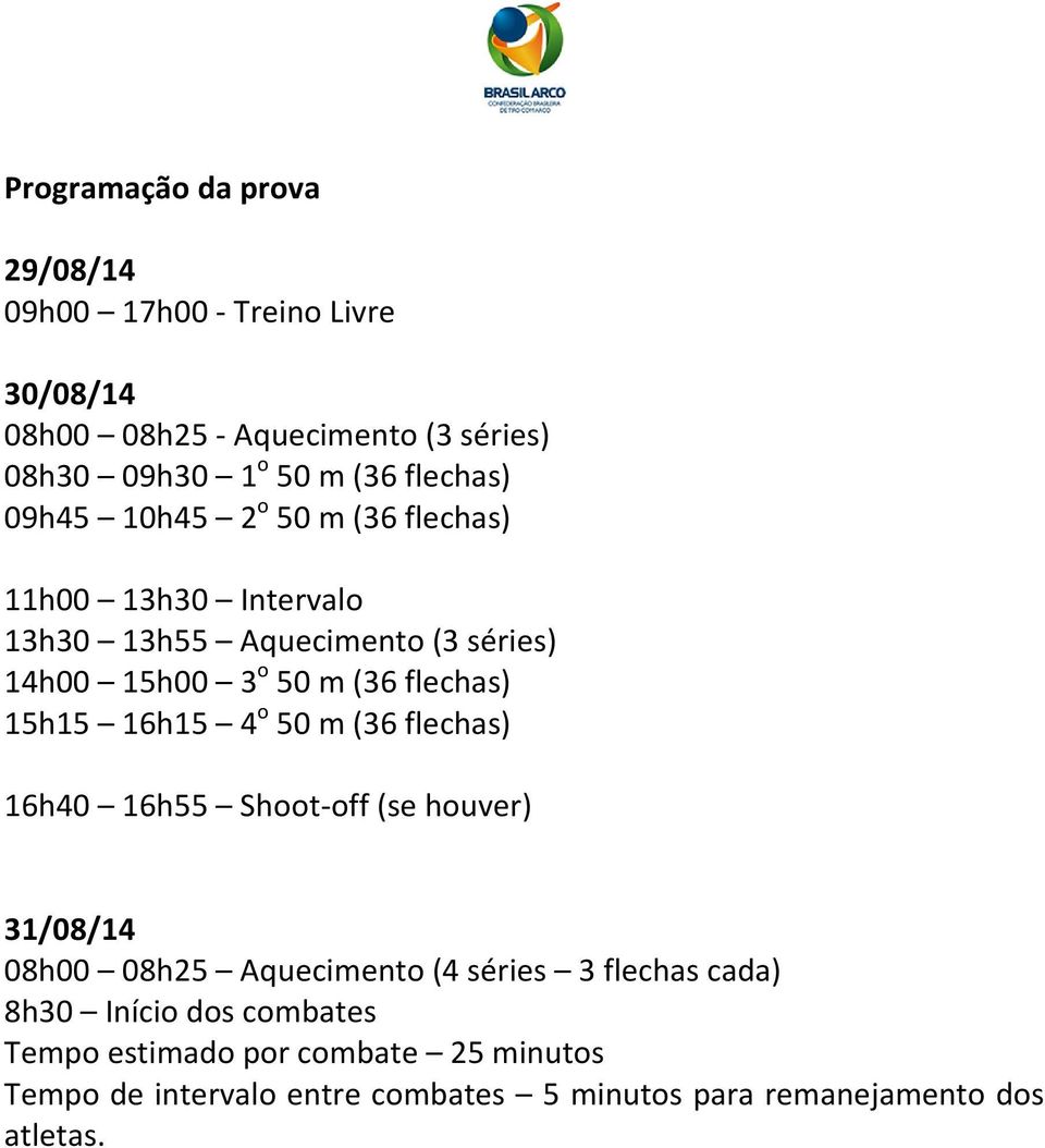 flechas) 15h15 16h15 4 o 50 m (36 flechas) 16h40 16h55 Shoot-off (se houver) 31/08/14 08h00 08h25 Aquecimento (4 séries 3 flechas