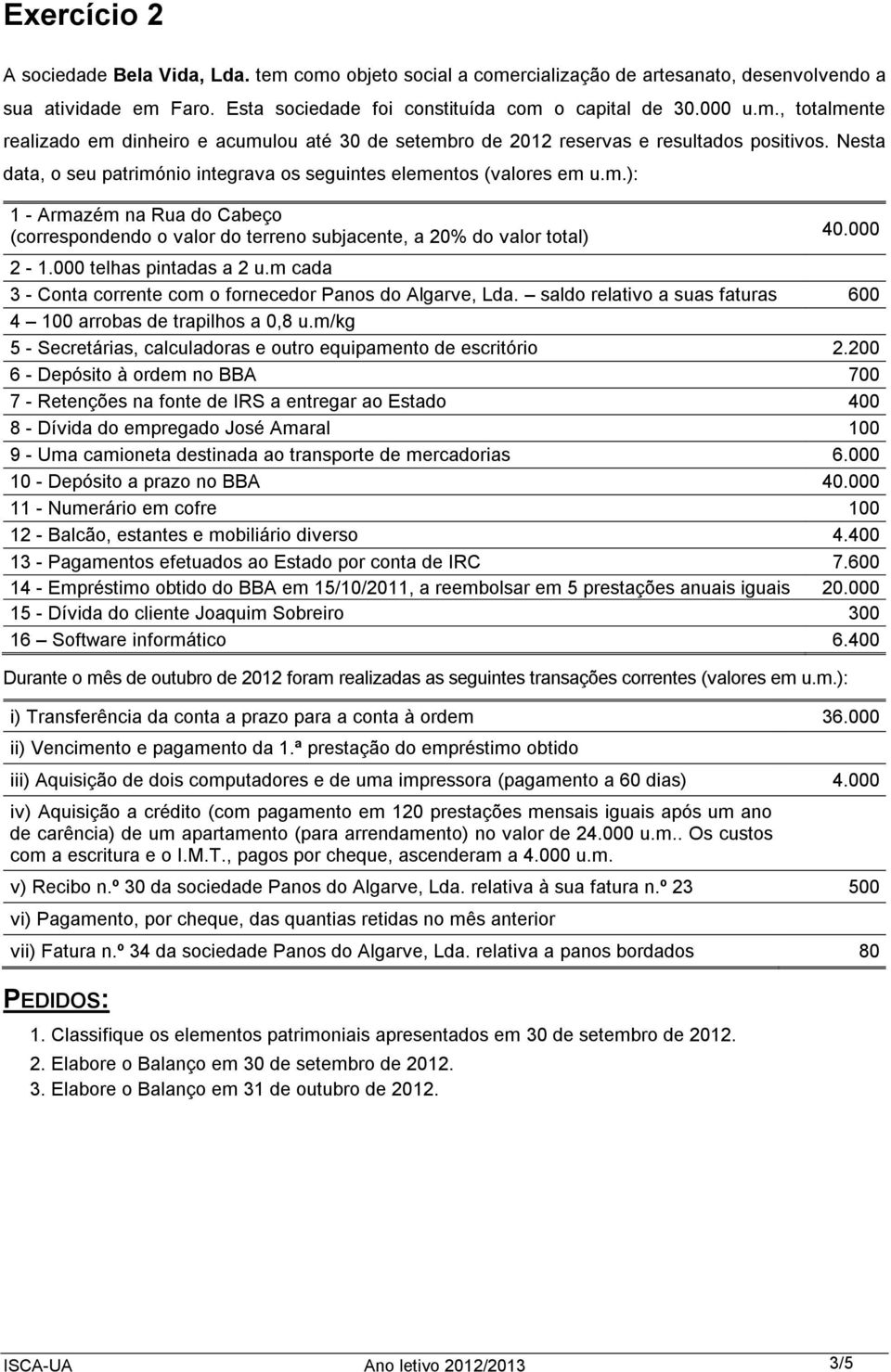 000 telhas pintadas a 2 u.m cada 3 - Conta corrente com o fornecedor Panos do Algarve, Lda. saldo relativo a suas faturas 600 4 100 arrobas de trapilhos a 0,8 u.