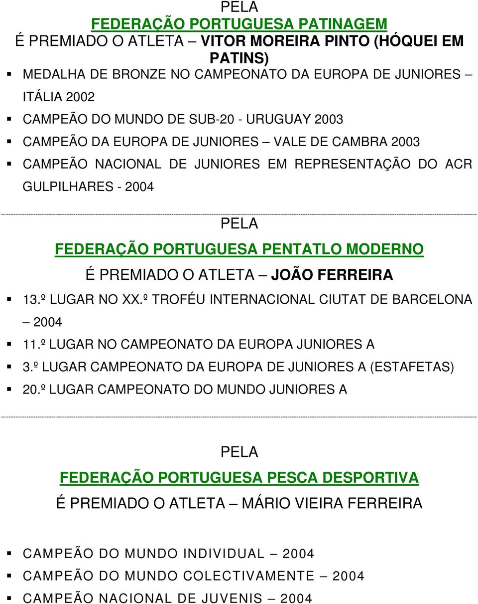 FERREIRA 13.º LUGAR NO XX.º TROFÉU INTERNACIONAL CIUTAT DE BARCELONA 2004 11.º LUGAR NO CAMPEONATO DA EUROPA JUNIORES A 3.º LUGAR CAMPEONATO DA EUROPA DE JUNIORES A (ESTAFETAS) 20.