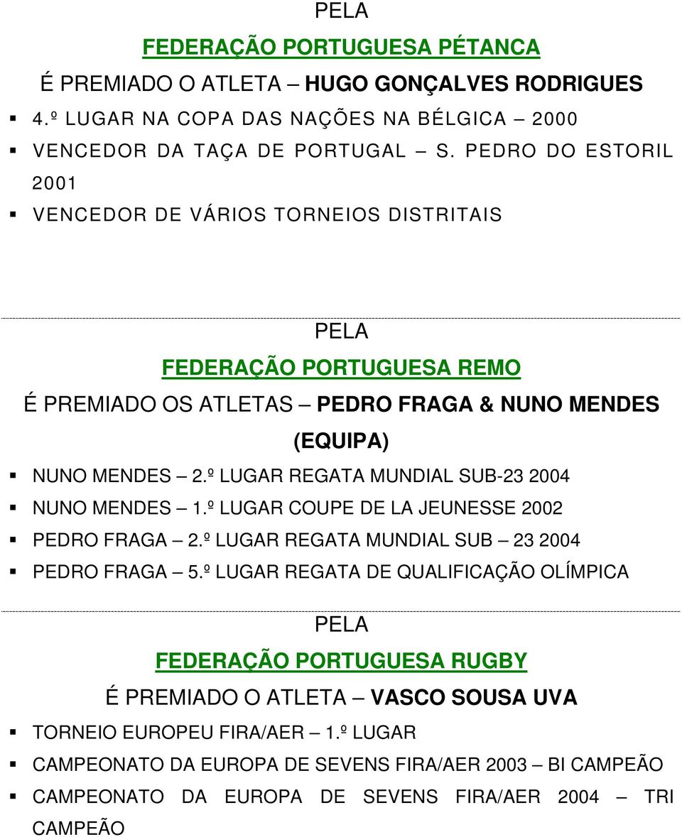 º LUGAR REGATA MUNDIAL SUB-23 2004 NUNO MENDES 1.º LUGAR COUPE DE LA JEUNESSE 2002 PEDRO FRAGA 2.º LUGAR REGATA MUNDIAL SUB 23 2004 PEDRO FRAGA 5.