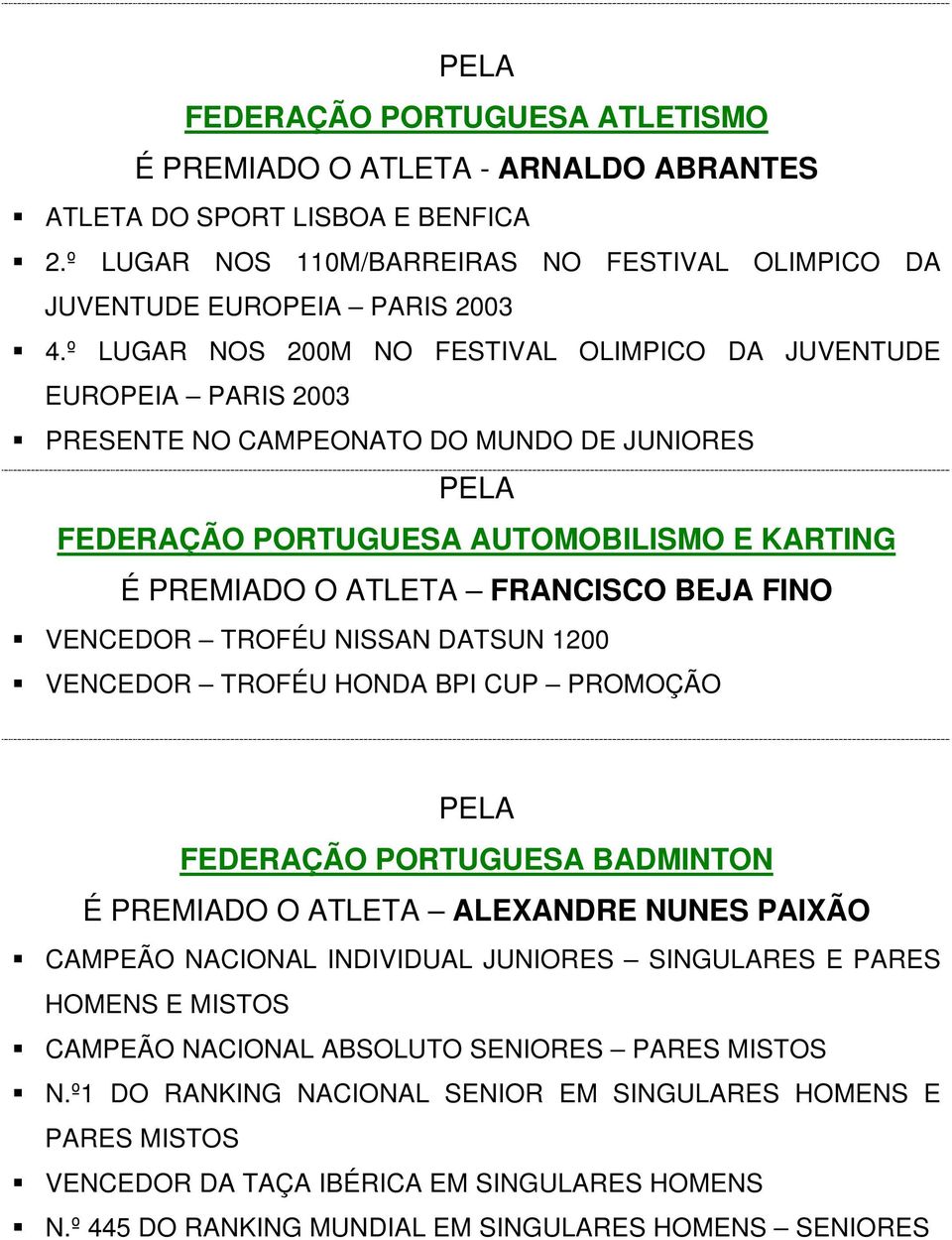 VENCEDOR TROFÉU NISSAN DATSUN 1200 VENCEDOR TROFÉU HONDA BPI CUP PROMOÇÃO FEDERAÇÃO PORTUGUESA BADMINTON É PREMIADO O ATLETA ALEXANDRE NUNES PAIXÃO CAMPEÃO NACIONAL INDIVIDUAL JUNIORES SINGULARES E