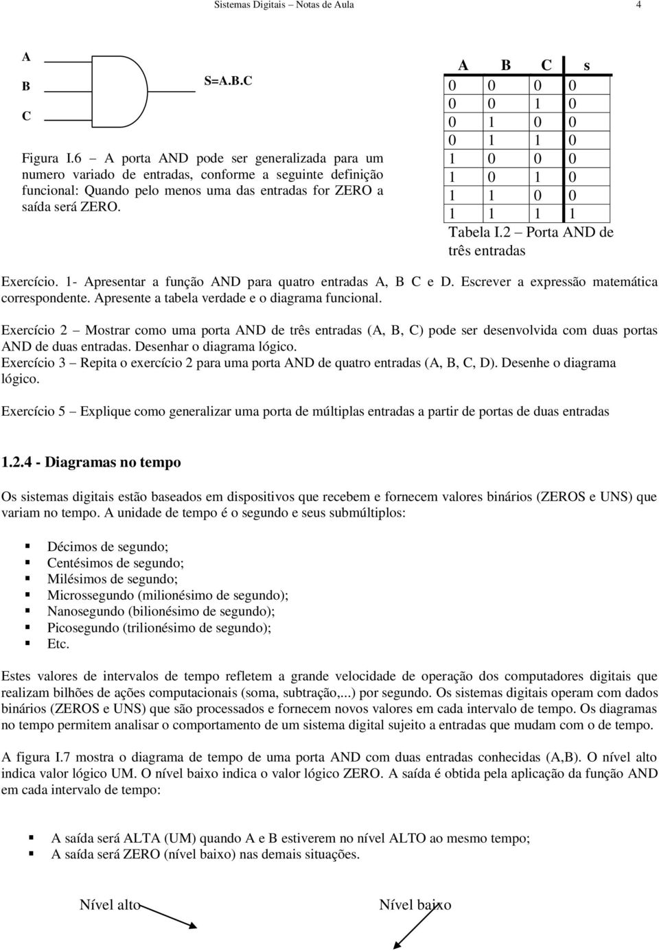 C s 0 0 0 0 0 0 1 0 0 1 0 0 0 1 1 0 1 0 0 0 1 0 1 0 1 1 0 0 1 1 1 1 Tabela I.2 Porta ND de três entradas Exercício. 1- presentar a função ND para quatro entradas, C e D.