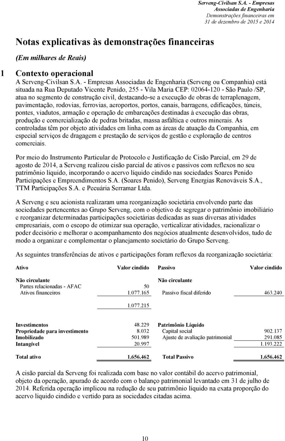 - Empresas (Serveng ou Companhia) está situada na Rua Deputado Vicente Penido, 255 - Vila Maria CEP: 02064-120 - São Paulo /SP, atua no segmento de construção civil, destacando-se a execução de obras