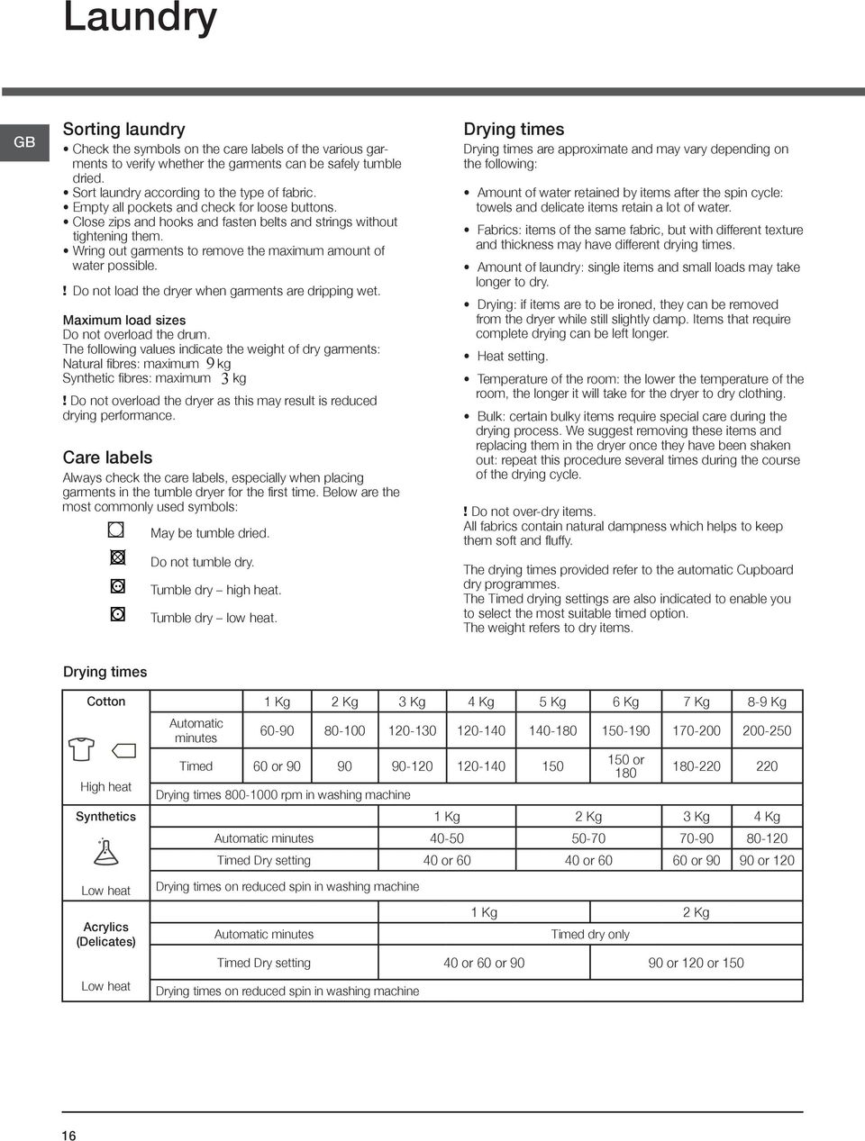 ! Do not load the dryer when garments are dripping wet. Maximum load sizes Do not overload the drum.