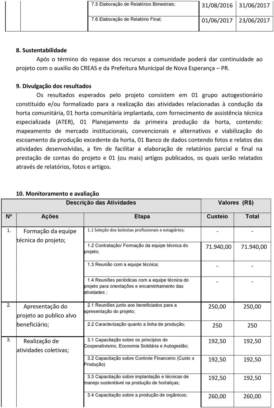 Divulgação dos resultados Os resultados esperados pelo projeto consistem em 01 grupo autogestionário constituído e/ou formalizado para a realização das atividades relacionadas à condução da horta