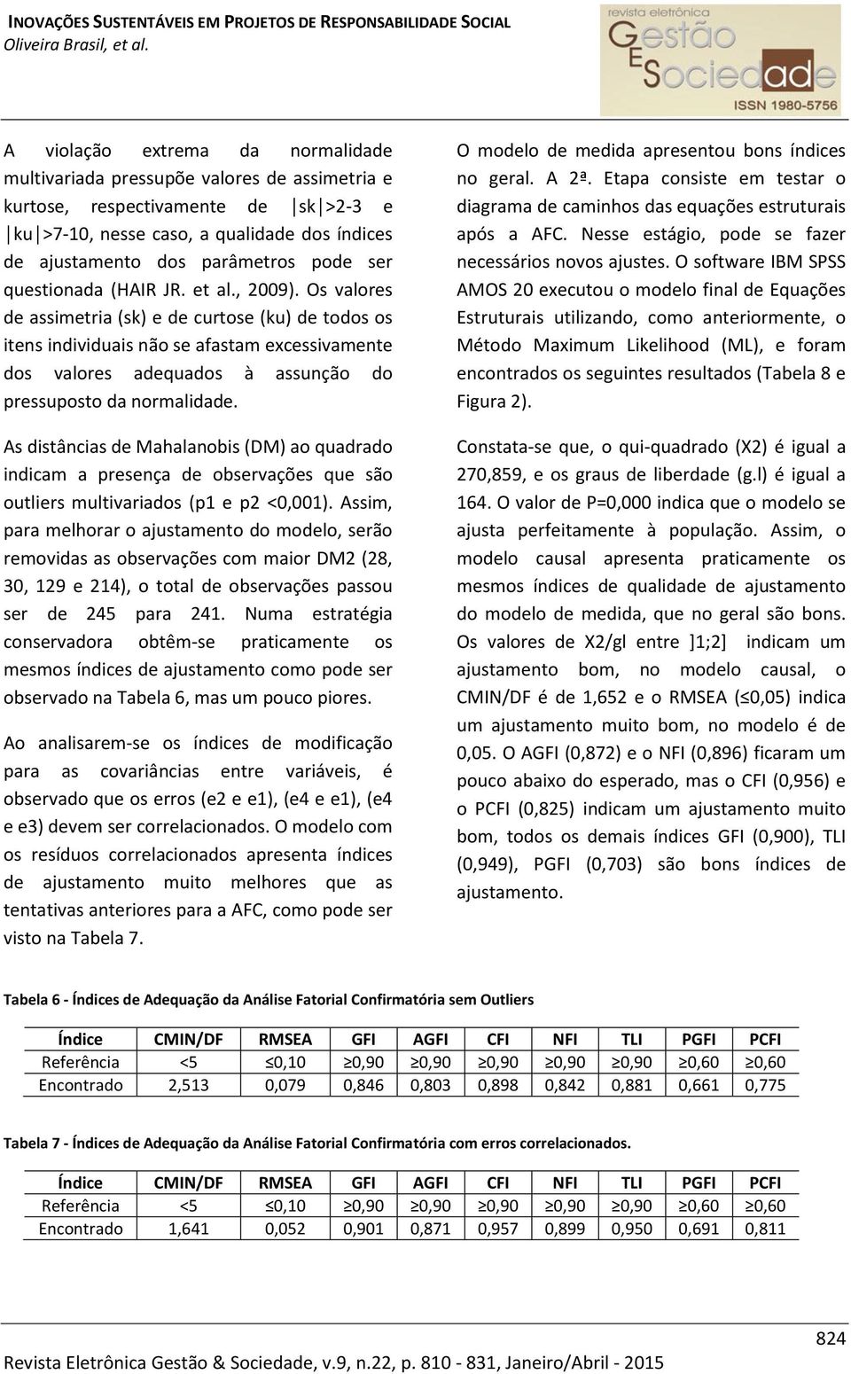 Os valores de assimetria (sk) e de curtose (ku) de todos os itens individuais não se afastam excessivamente dos valores adequados à assunção do pressuposto da normalidade.