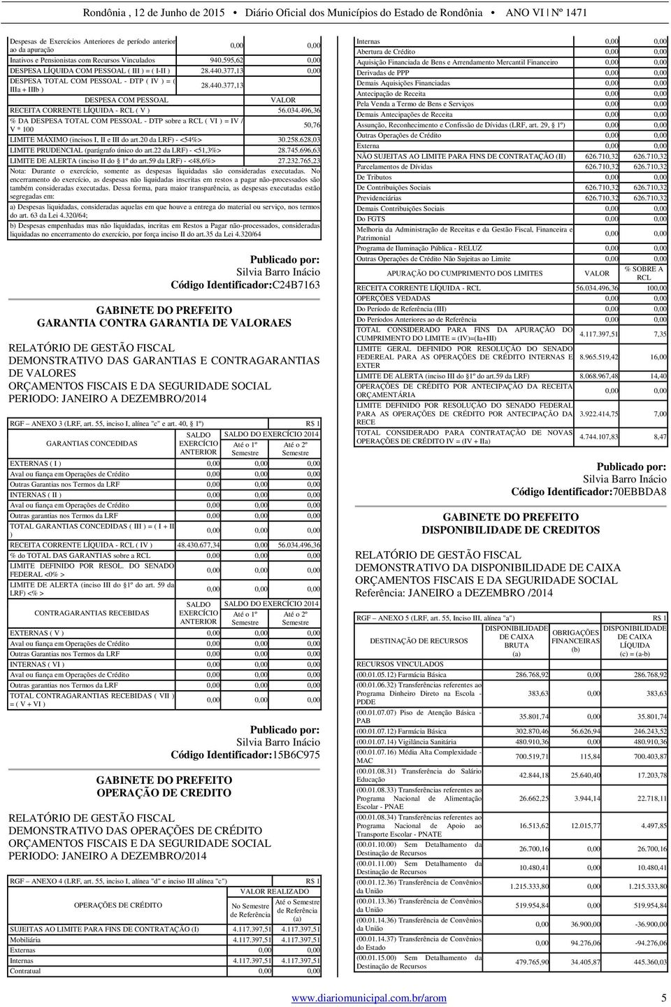 496,36 % DA DESPESA TOTAL COM PESSOAL - DTP sobre a RCL ( VI ) = IV / V * 100 50,76 LIMITE MÁXIMO (incisos I, II e III do art.20 da LRF) - <54%> 30.258.