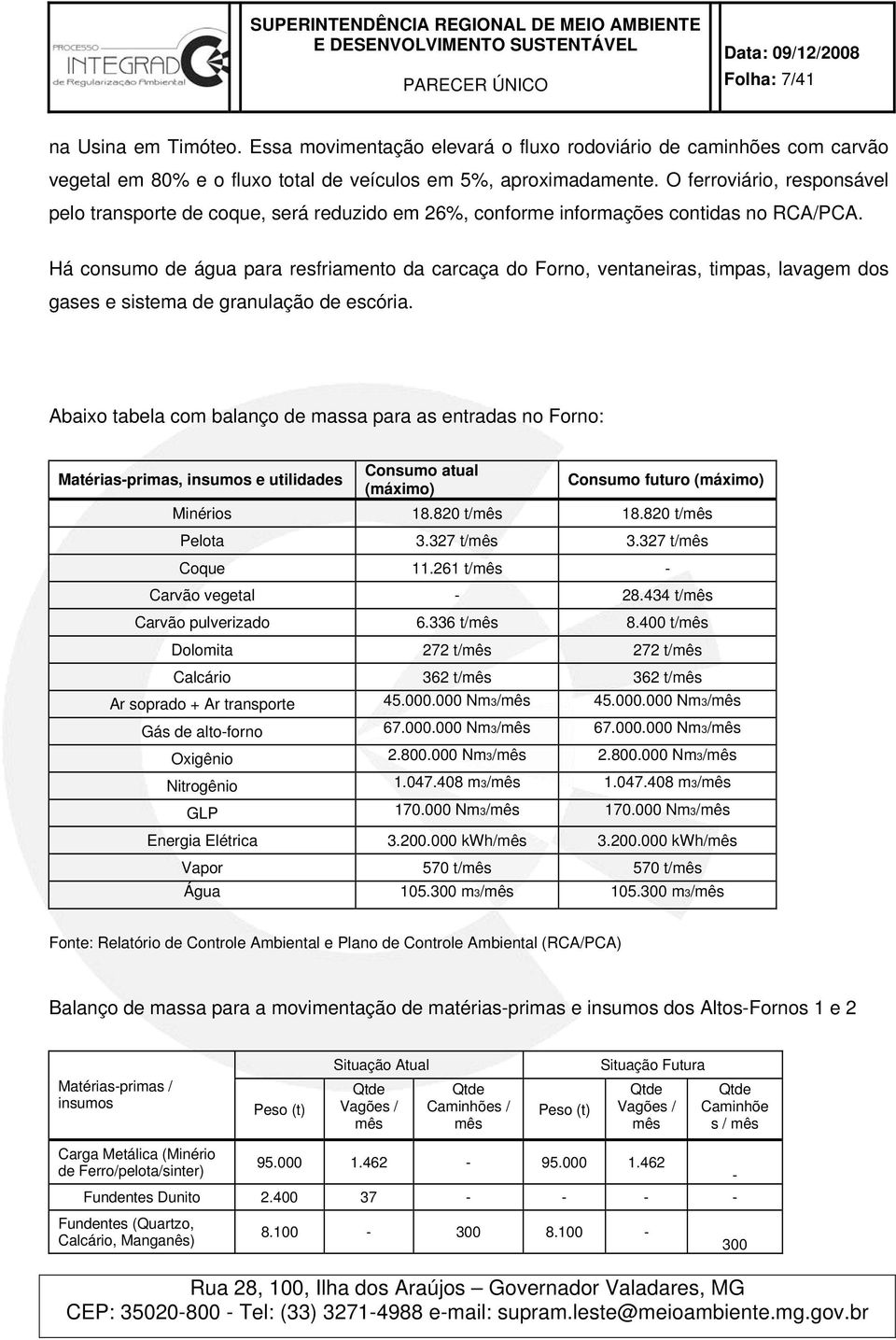 Há consumo de água para resfriamento da carcaça do Forno, ventaneiras, timpas, lavagem dos gases e sistema de granulação de escória.