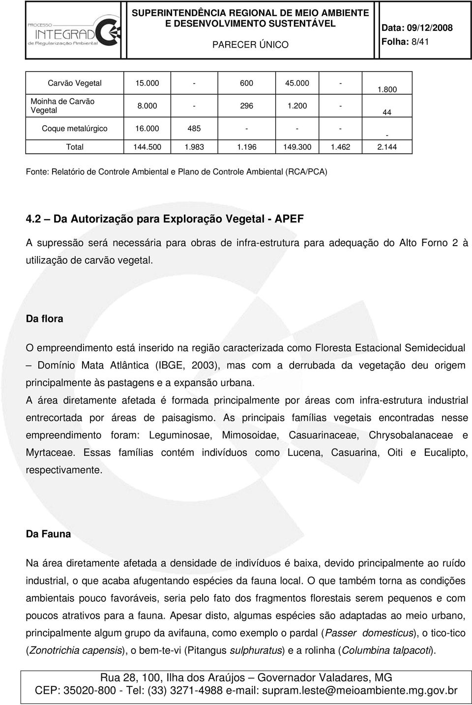 2 Da Autorização para Exploração Vegetal - APEF A supressão será necessária para obras de infra-estrutura para adequação do Alto Forno 2 à utilização de carvão vegetal.