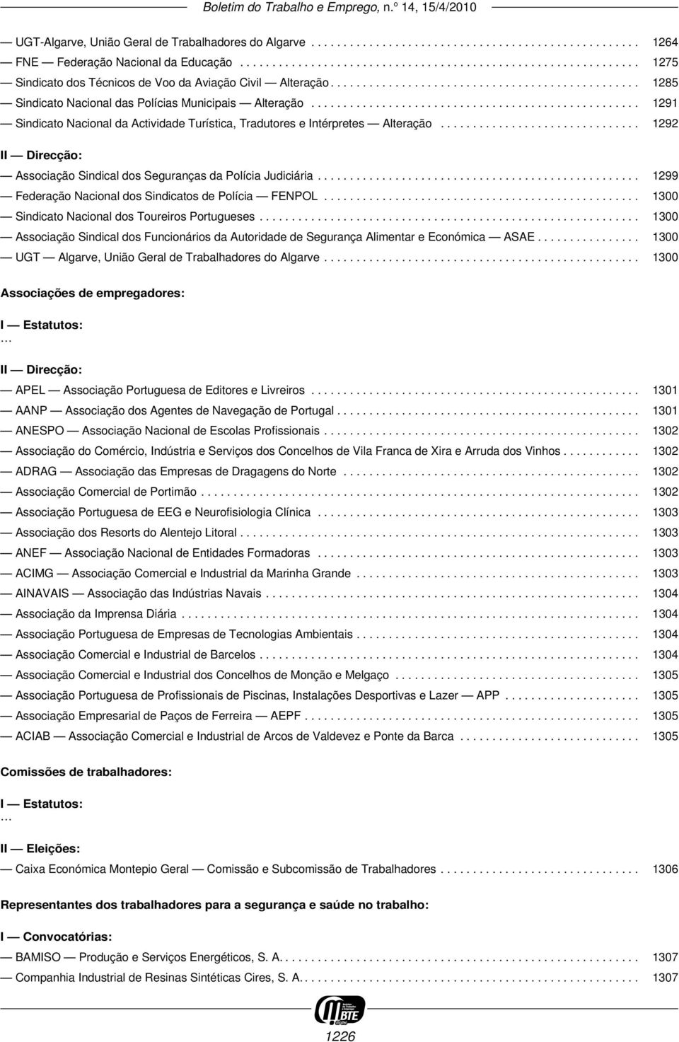 .................................................. 1291 Sindicato Nacional da Actividade Turística, Tradutores e Intérpretes Alteração.