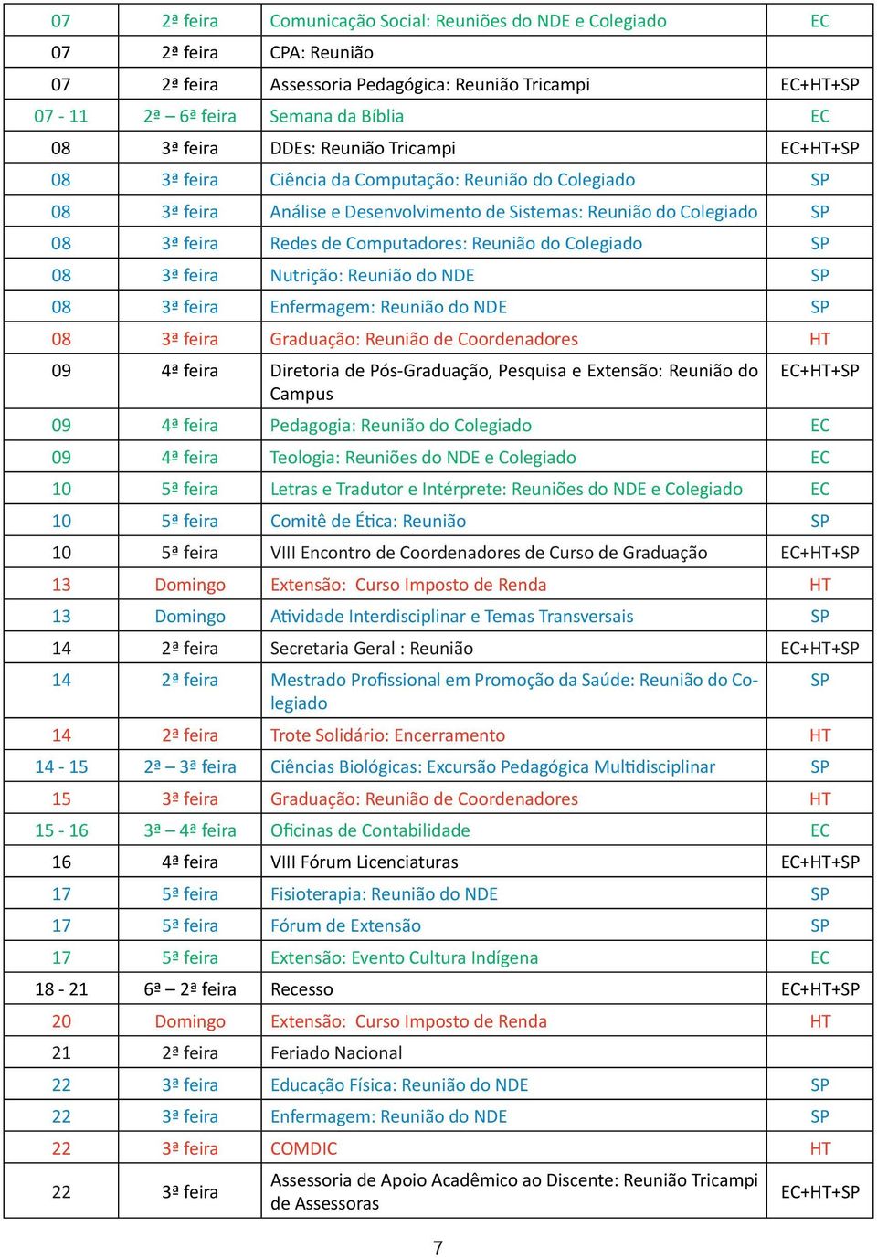 Colegiado SP 08 3ª feira Nutrição: Reunião do NDE SP 08 3ª feira Enfermagem: Reunião do NDE SP 08 3ª feira Graduação: Reunião de Coordenadores HT 09 4ª feira Diretoria de Pós-Graduação, Pesquisa e
