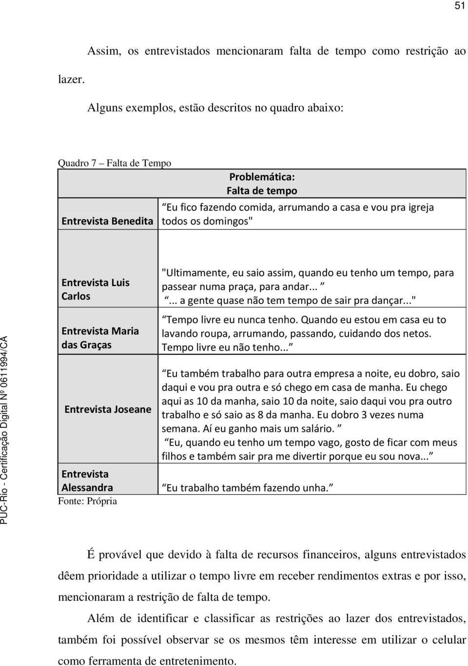 domingos" Entrevista Luis Carlos Entrevista Maria das Graças Entrevista Joseane Entrevista Alessandra "Ultimamente, eu saio assim, quando eu tenho um tempo, para passear numa praça, para andar.