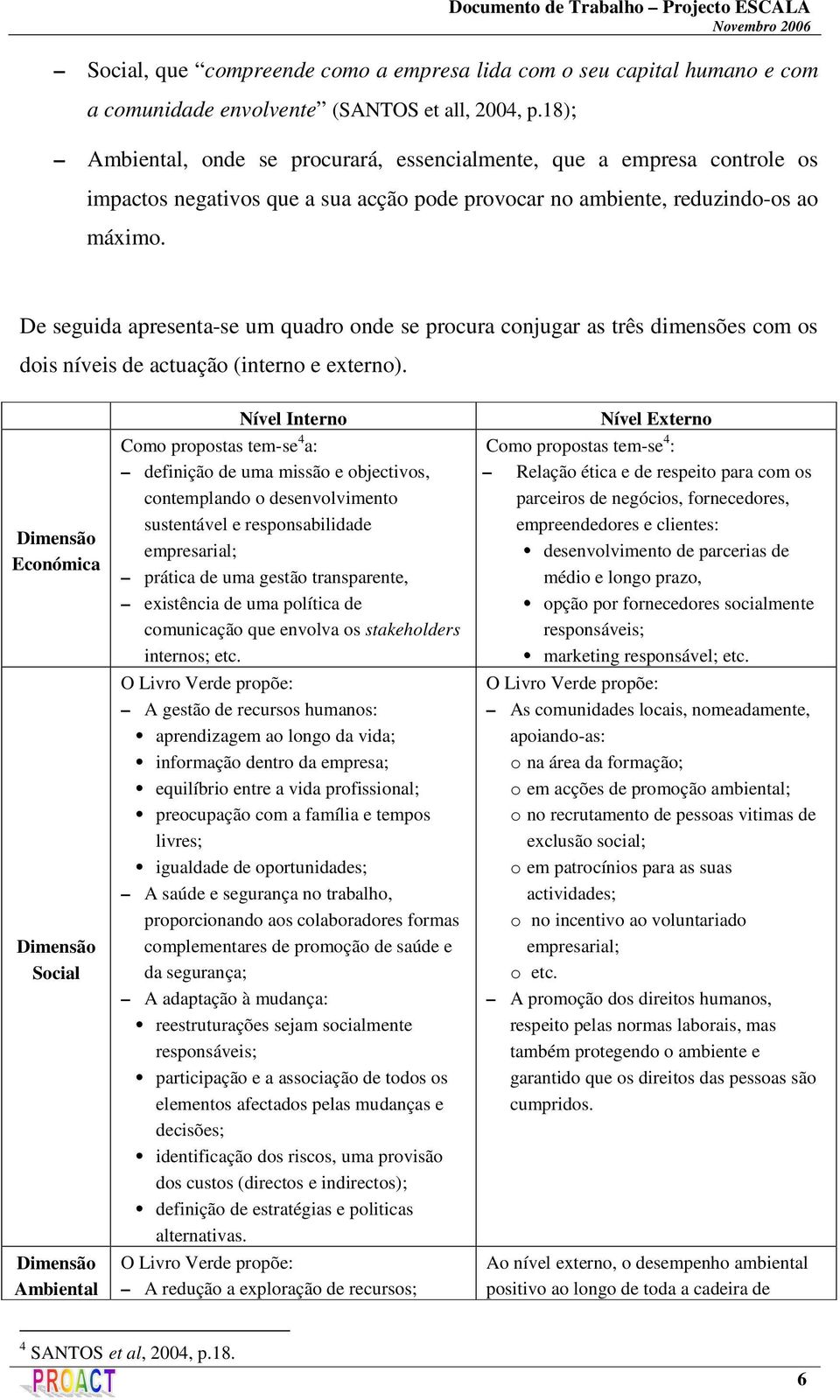 De seguida apresenta-se um quadro onde se procura conjugar as três dimensões com os dois níveis de actuação (interno e externo).