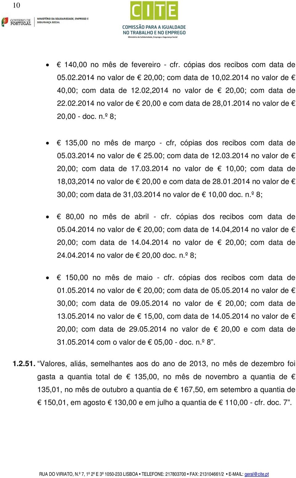 01.2014 no valor de 30,00; com data de 31,03.2014 no valor de 10,00 doc. n.º 8; 80,00 no mês de abril - cfr. cópias dos recibos com data de 05.04.2014 no valor de 20,00; com data de 14.