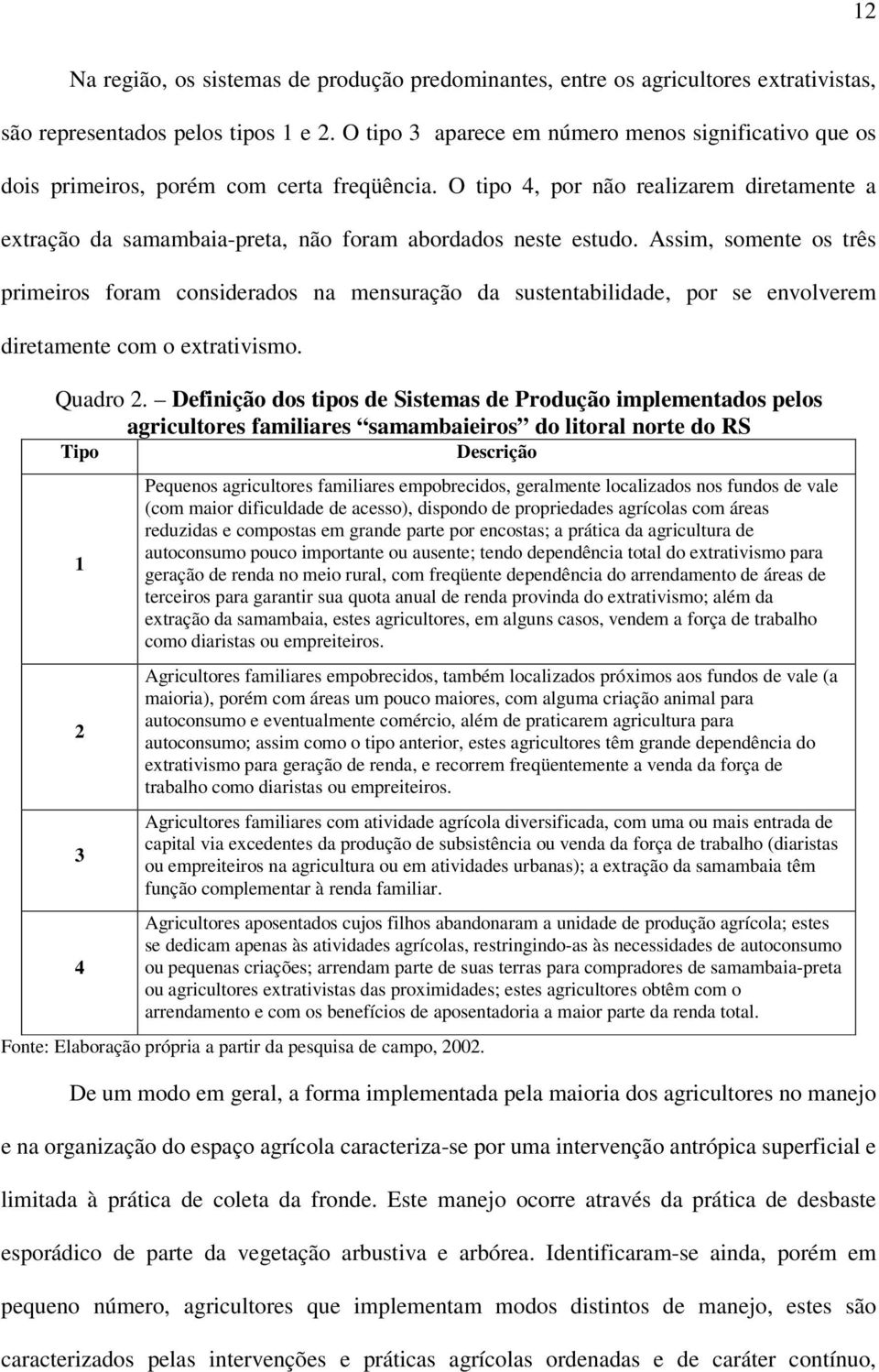 O tipo 4, por não realizarem diretamente a extração da samambaia-preta, não foram abordados neste estudo.