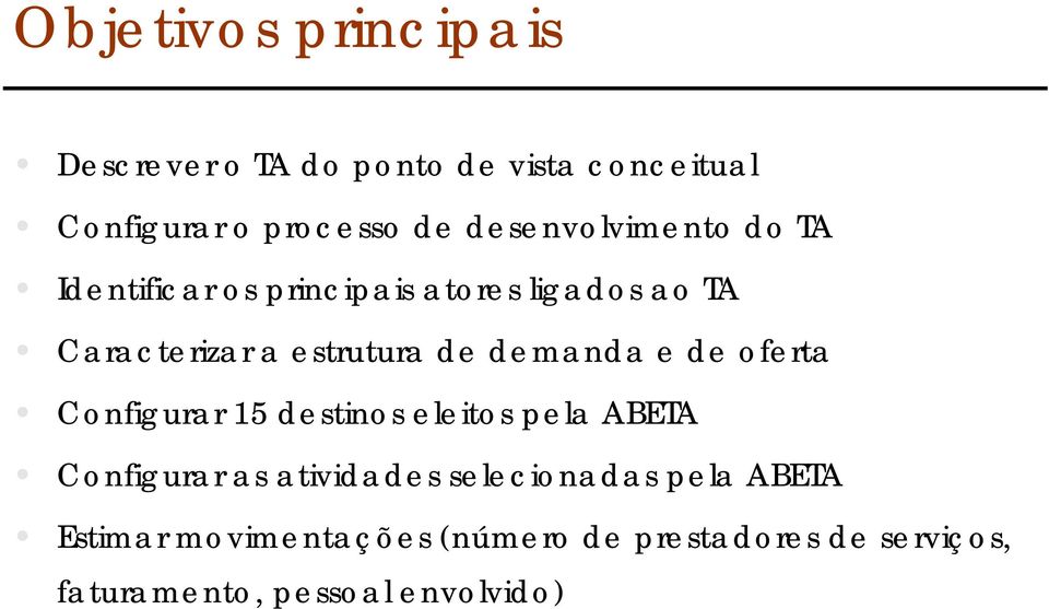 demanda e de oferta Configurar 15 destinos eleitos pela ABETA Configurar as atividades