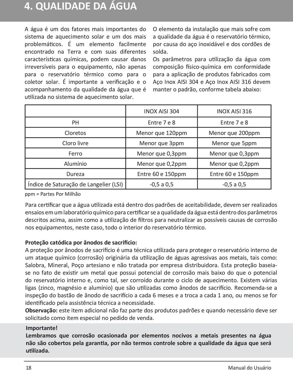 coletor solar. É importante a verificação e o acompanhamento da qualidade da água que é utilizada no sistema de aquecimento solar.