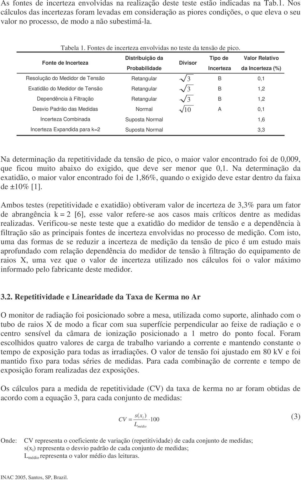 Fontes de incerteza envolvidas no teste da tensão de pico.