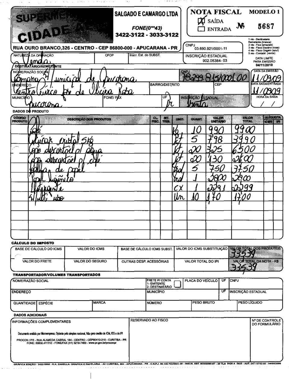 (verde) DATA LIMITE PARA EMISSÃO 04111/2010 / CALCULO DO IMPOSTO BASE DE CÁLCULO DO ICMS VALOR DO ICMS BASE DE CÁLCULO ICMS SUBST.