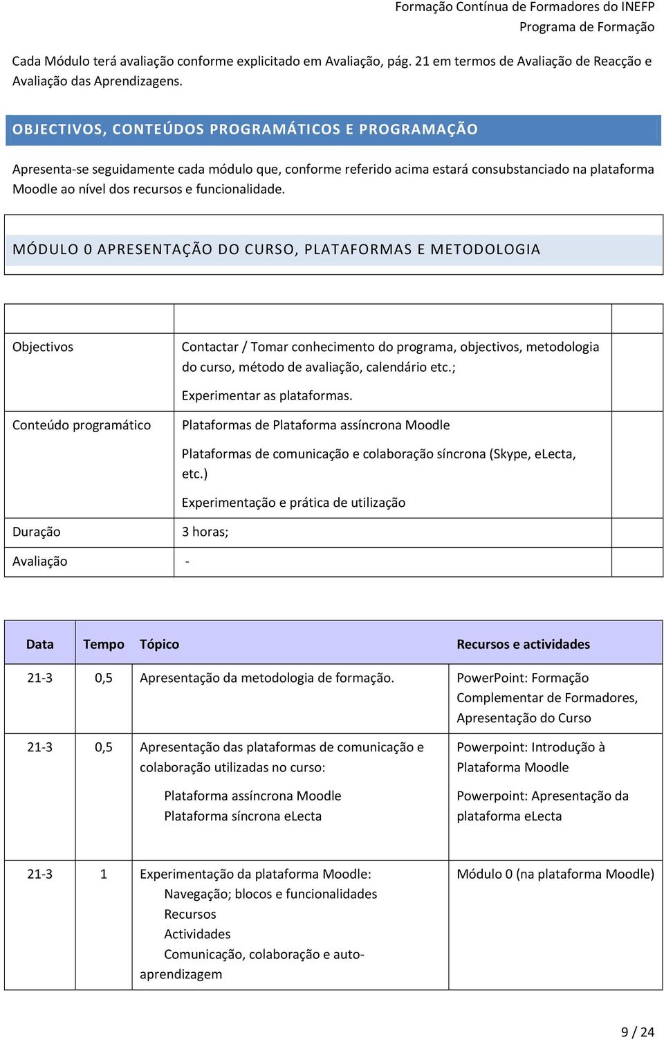 MÓDULO 0 APRESENTAÇÃO DO CURSO, PLATAFORMAS E METODOLOGIA Objectivos Contactar / Tomar conhecimento do programa, objectivos, metodologia do curso, método de avaliação, calendário etc.