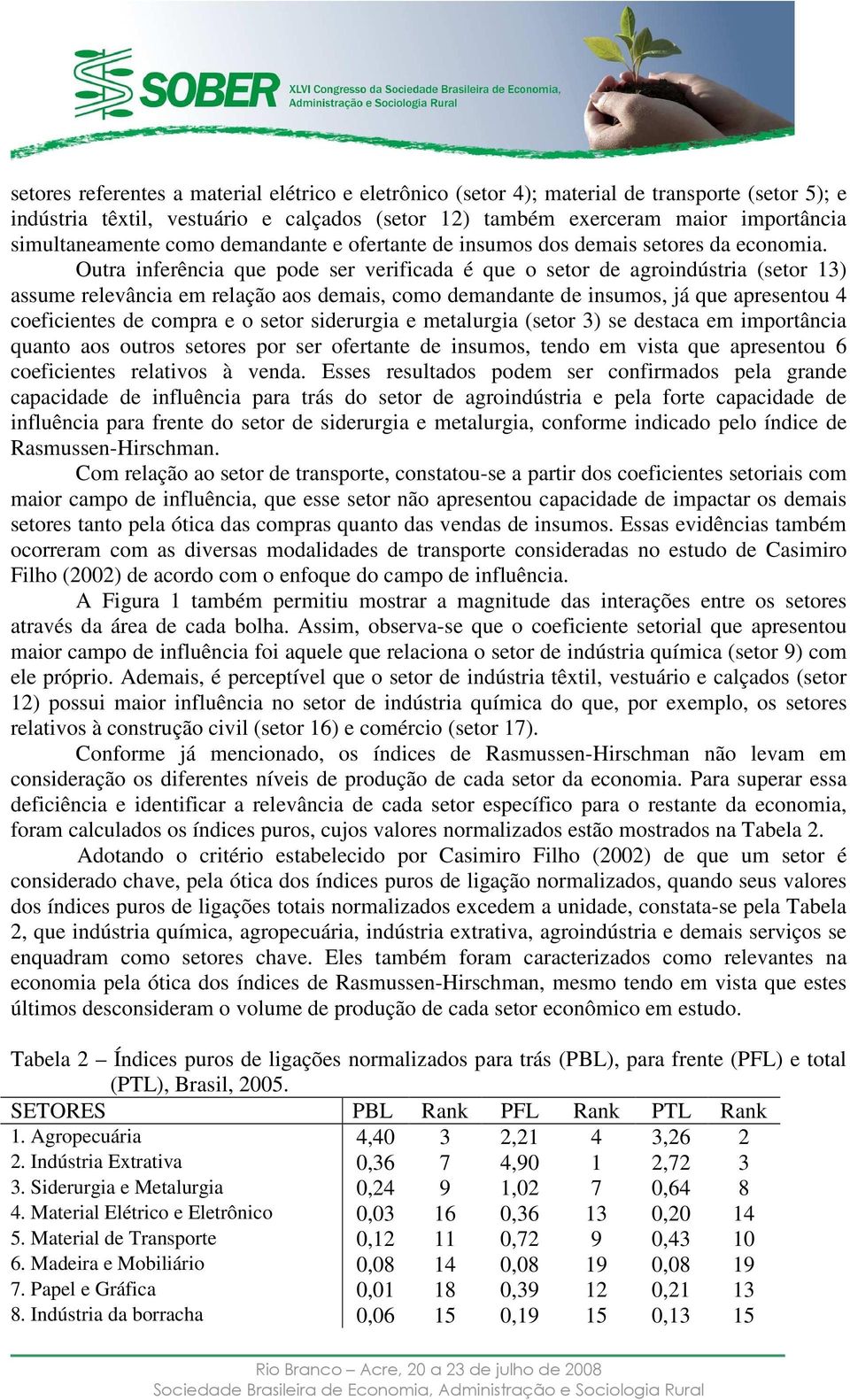 Outra iferêcia que pode ser verificada é que o setor de agroidústria (setor 3) assume relevâcia em relação aos demais, como demadate de isumos, á que apresetou 4 coeficietes de compra e o setor