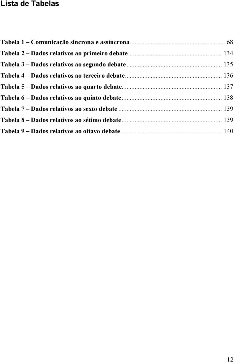 .. 136 Tabela 5 Dados relativos ao quarto debate... 137 Tabela 6 Dados relativos ao quinto debate.