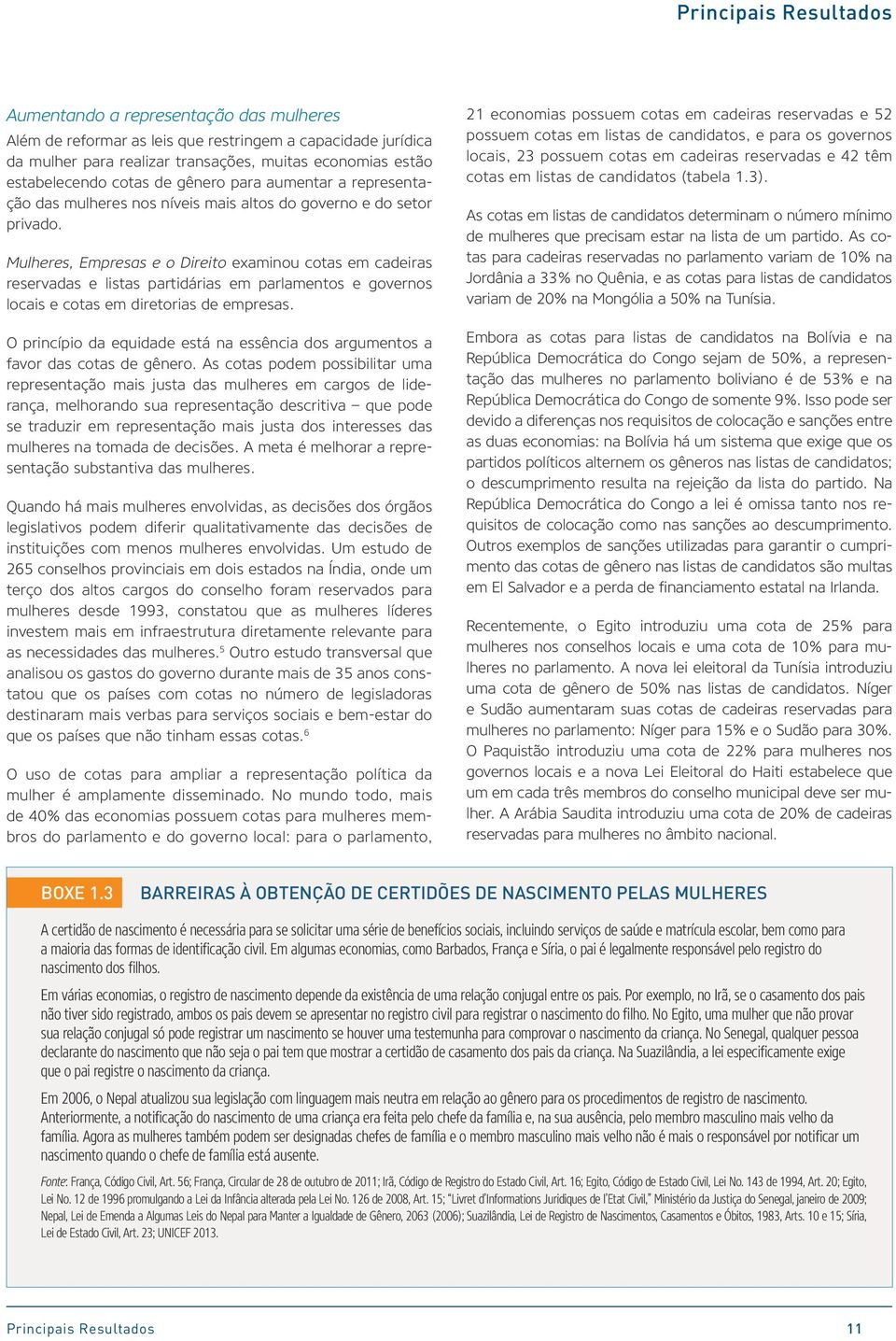 Mulheres, Empresas e o Direito examinou cotas em cadeiras reservadas e listas partidárias em parlamentos e governos locais e cotas em diretorias de empresas.