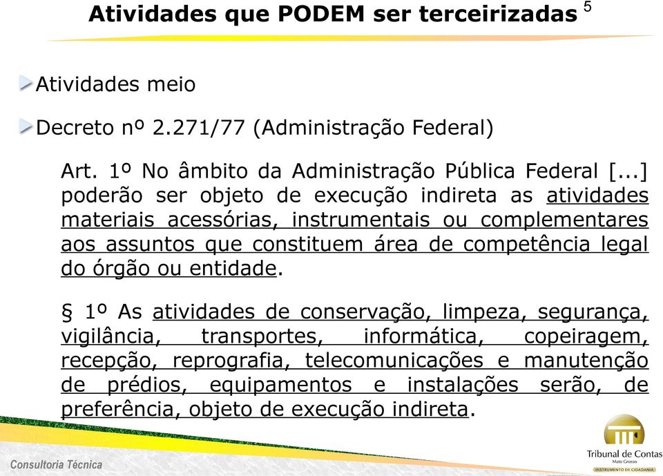 ..] poderão ser objeto de execução indireta as atividades materiais acessórias, instrumentais ou complementares aos assuntos que constituem área de