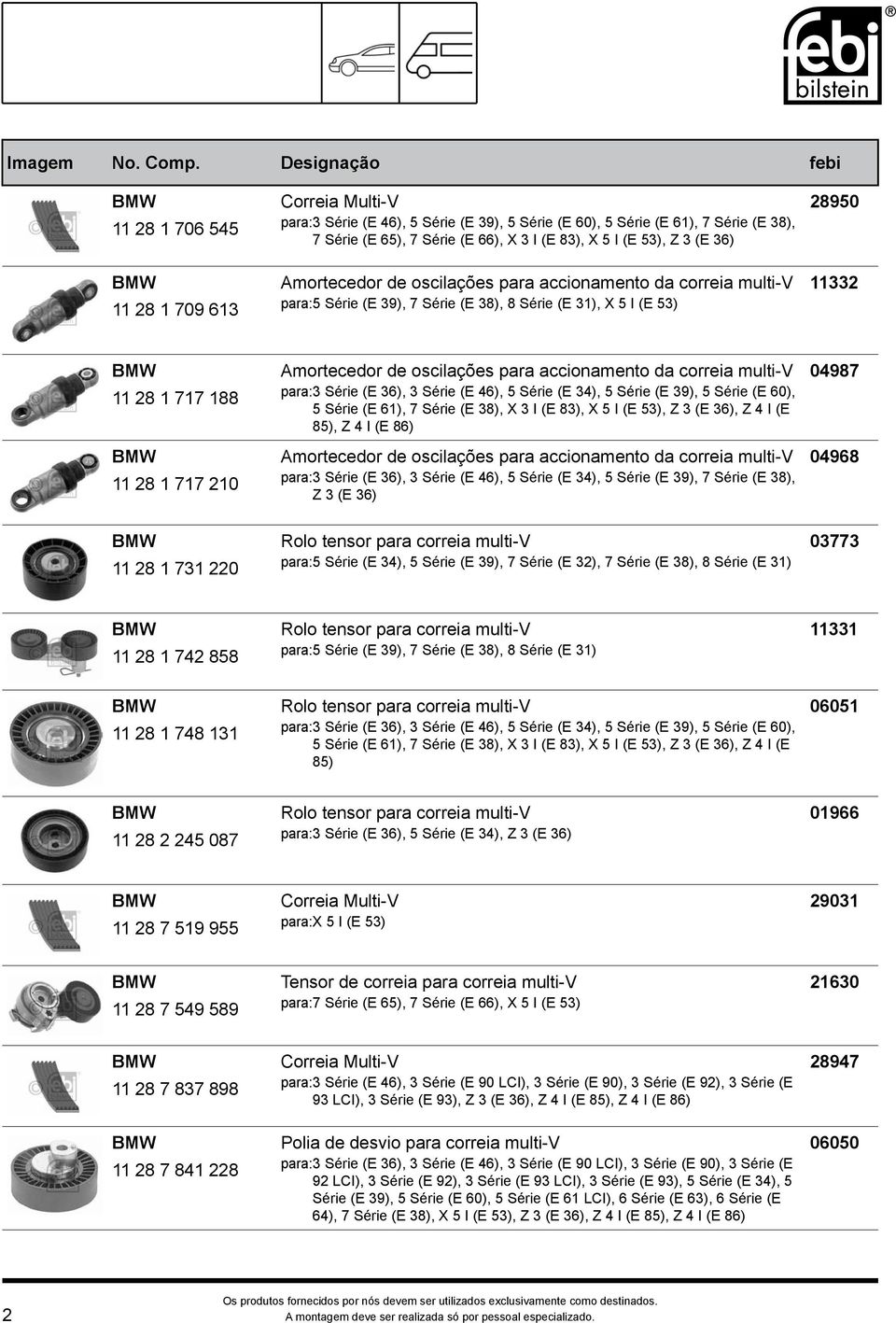 accionamento da correia multi-v 04987 para:3 Série (E 36), 3 Série (E 46), 5 Série (E 34), 5 Série (E 39), 5 Série (E 60), 11 28 1 717 188 5 Série (E 61), 7 Série (E 38), X 3 I (E 83), X 5 I (E 53),