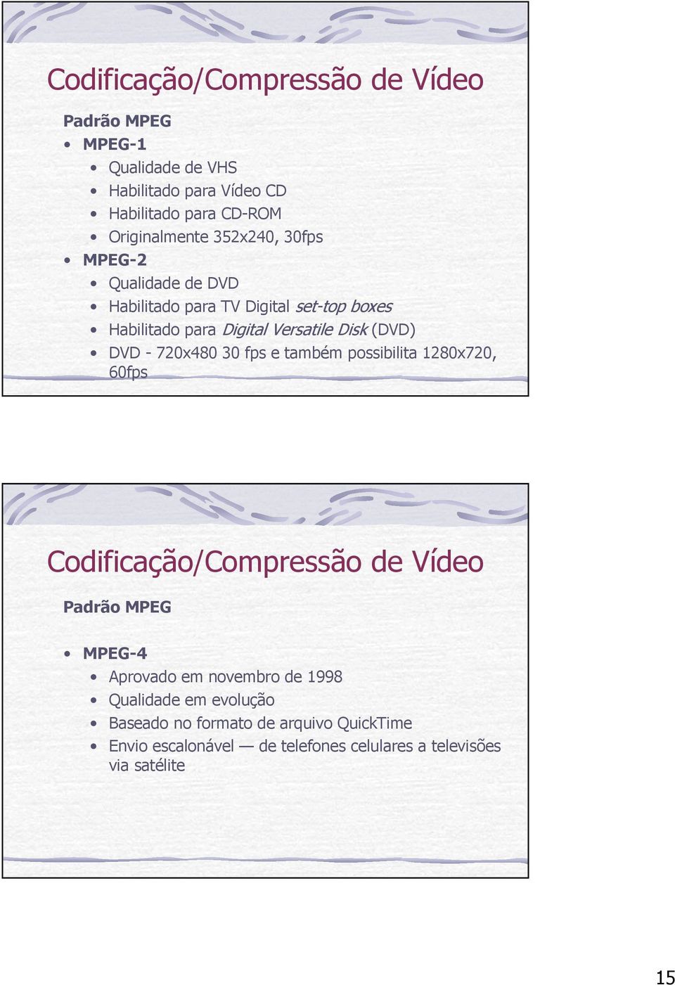 720x480 30 fps e também possibilita 1280x720, 60fps Codificação/Compressão de Vídeo Padrão MPEG MPEG-4 Aprovado em novembro de