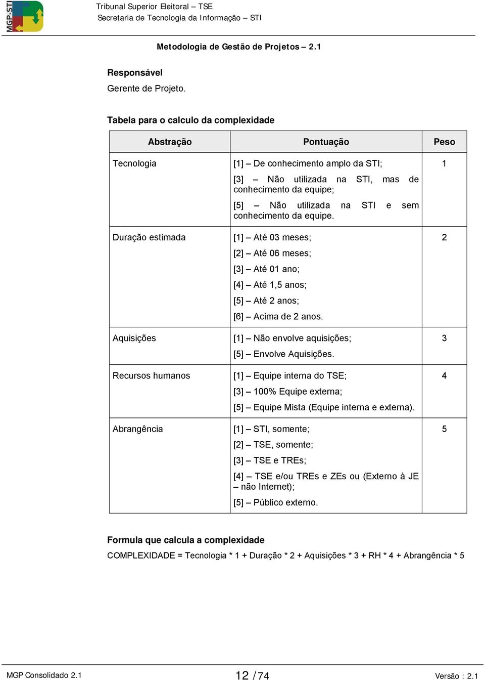 [1] Não envolve aquisições; [5] Envolve Aquisições. [1] Equipe interna do TSE; [3] 100% Equipe externa; [5] Equipe Mista (Equipe interna e externa).