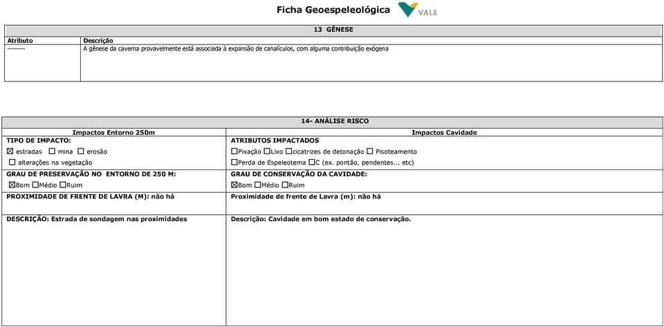 LAVRA (M): não há Impactos Cavidade ATRIBUTOS IMPACTADOS Pixação Lixo cicatrizes de detonação Pisoteamento Perda de Espeleotema C (ex. pontão, pendentes.