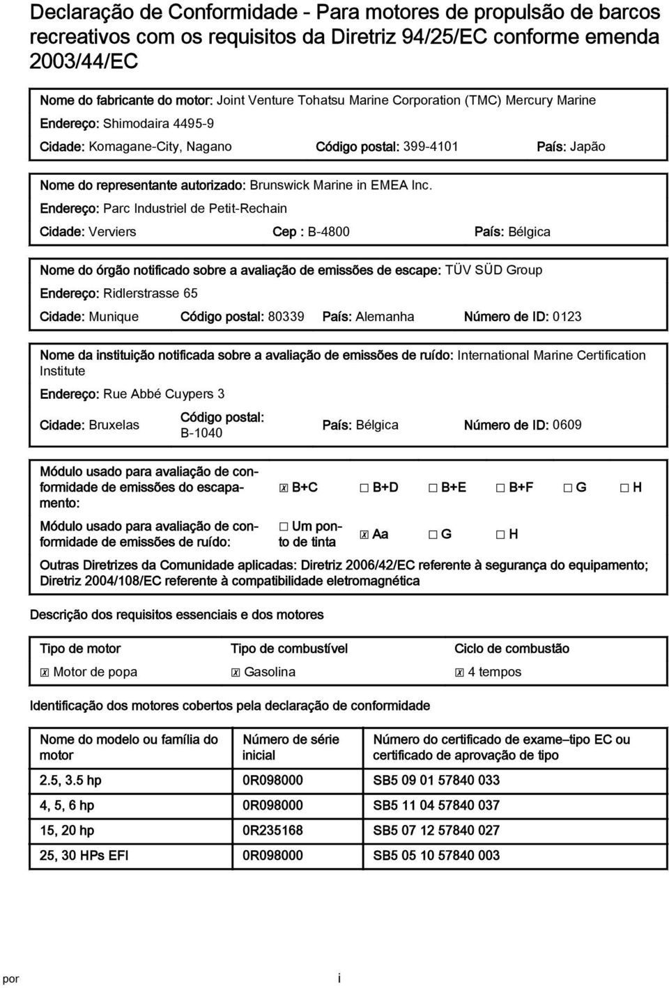 Endereço: Prc Industriel de Petit-Rechin Cidde: Verviers Cep : B-4800 Pís: Bélgic Nome do órgão notificdo sobre vlição de emissões de escpe: TÜV SÜD Group Endereço: Ridlerstrsse 65 Cidde: Munique