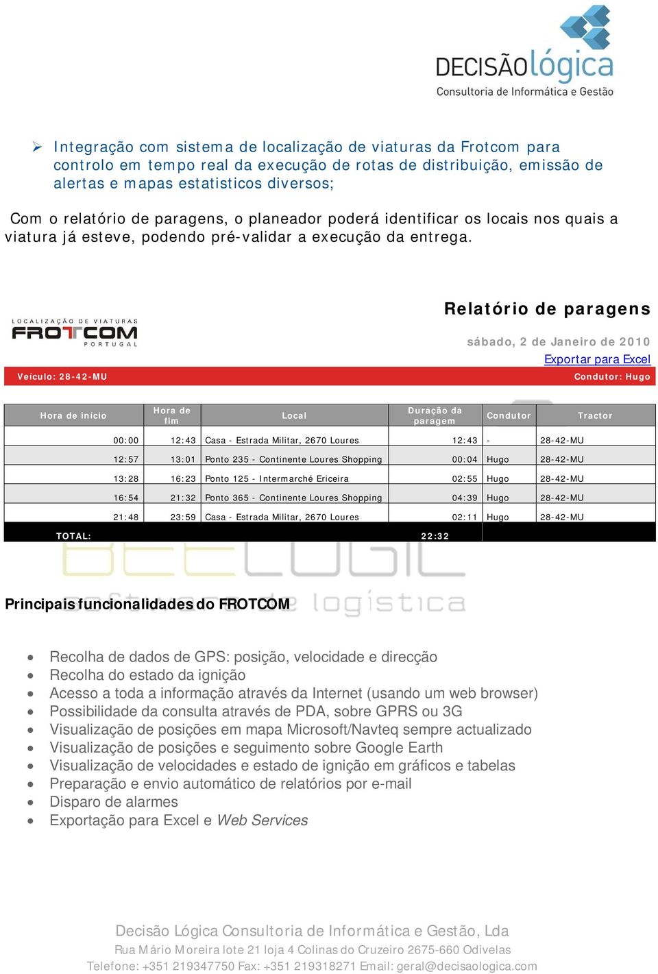 Relatório de paragens sábado, 2 de Janeiro de 2010 Exportar para Excel Veículo: Condutor: Hugo Hora de fim Hora de início Local Duração da paragem Condutor 00:00 12:43 Casa - Estrada Militar, 2670