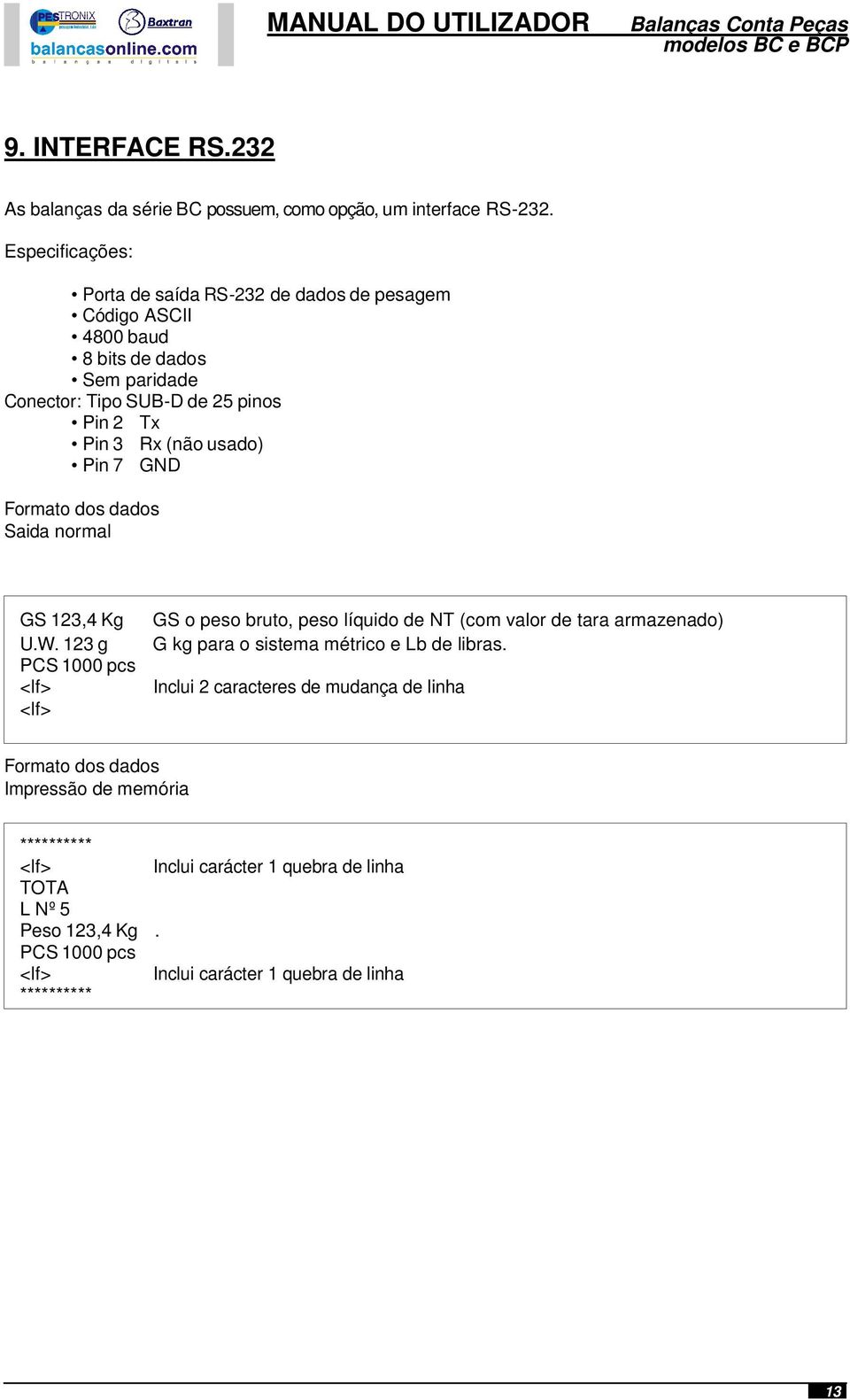 usado) Pin 7 GND Formato dos dados Saida normal GS 123,4 Kg U.W.