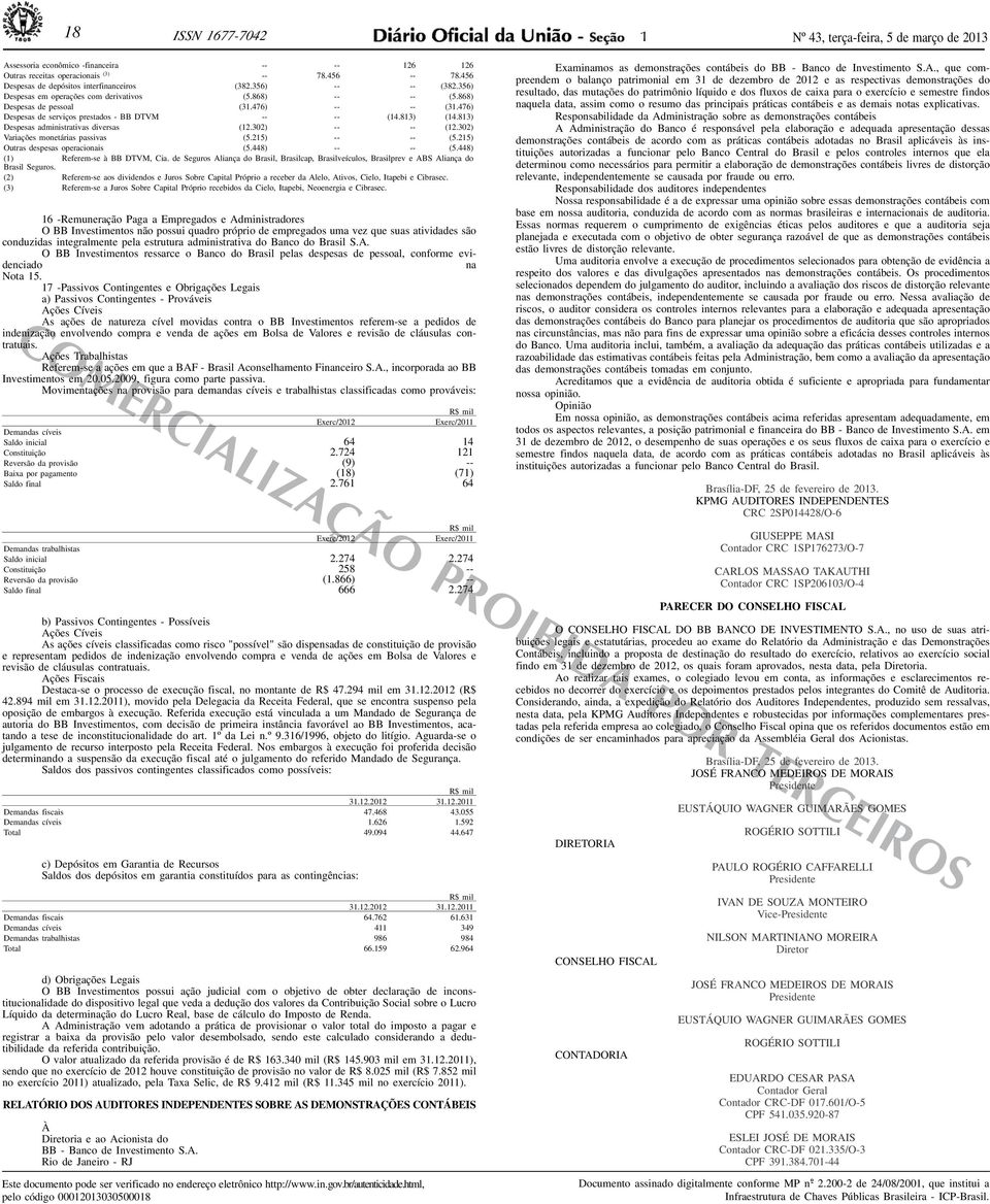476) Despesas de serviços prestados - BB DTVM -- -- (14.813) (14.813) Despesas administrativas diversas (12.302) -- -- (12.302) Variações monetárias passivas (5.215) -- -- (5.