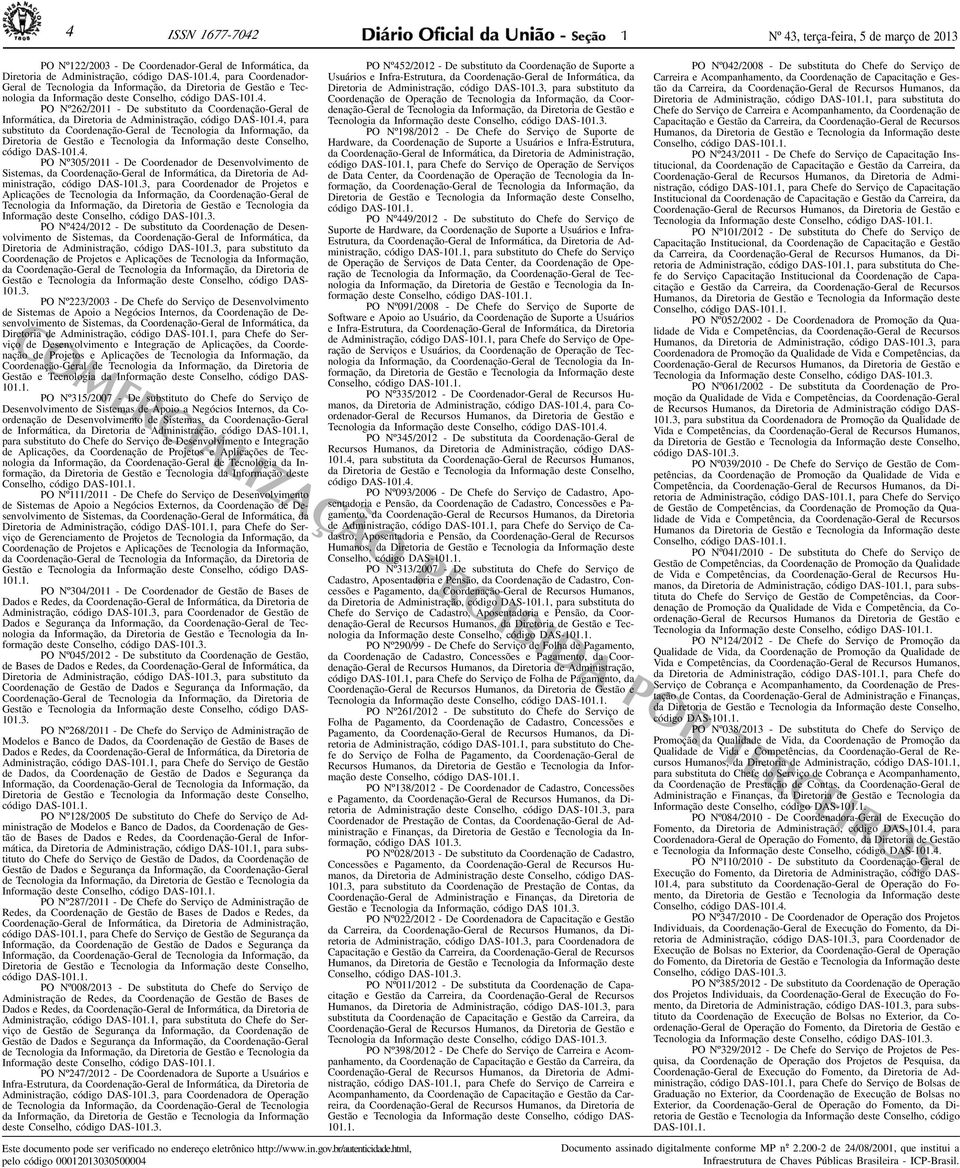 4, para substituto da Coordenação-Geral de Tecnologia da Informação, da Diretoria de Gestão e Tecnologia da Informação deste Conselho, código DAS-101.4. PO Nº305/2011 - De Coordenador de Desenvolvimento de Sistemas, da Coordenação-Geral de Informática, da Diretoria de Administração, código DAS-101.