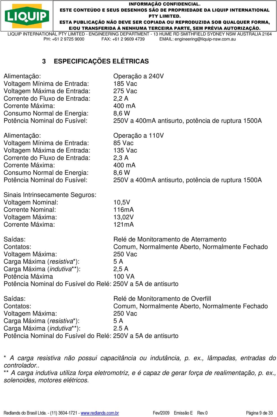 Vac 2,2 A 400 ma 8,6 W 250V a 400mA antisurto, potência de ruptura 1500A Operação a 110V 85 Vac 135 Vac 2,3 A 400 ma 8,6 W 250V a 400mA antisurto, potência de ruptura 1500A Sinais Intrinsecamente