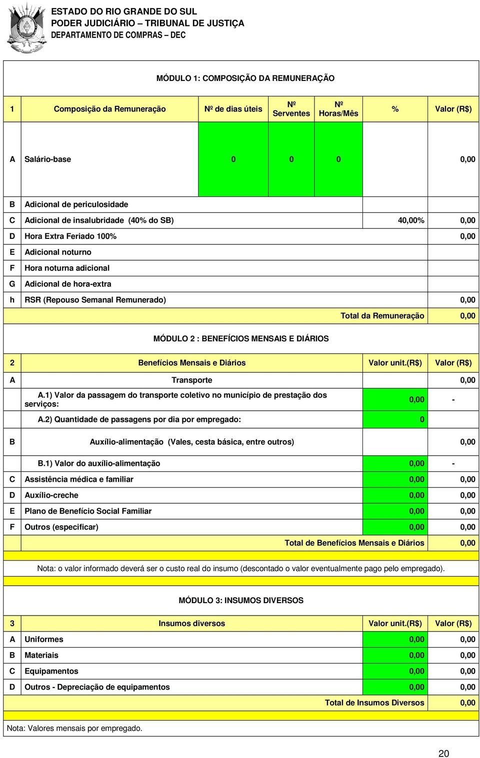 Remuneração 0,00 MÓDULO 2 : BENEFÍCIOS MENSAIS E DIÁRIOS 2 Benefícios Mensais e Diários Valor unit.(r$) Valor (R$) A Transporte 0,00 A.