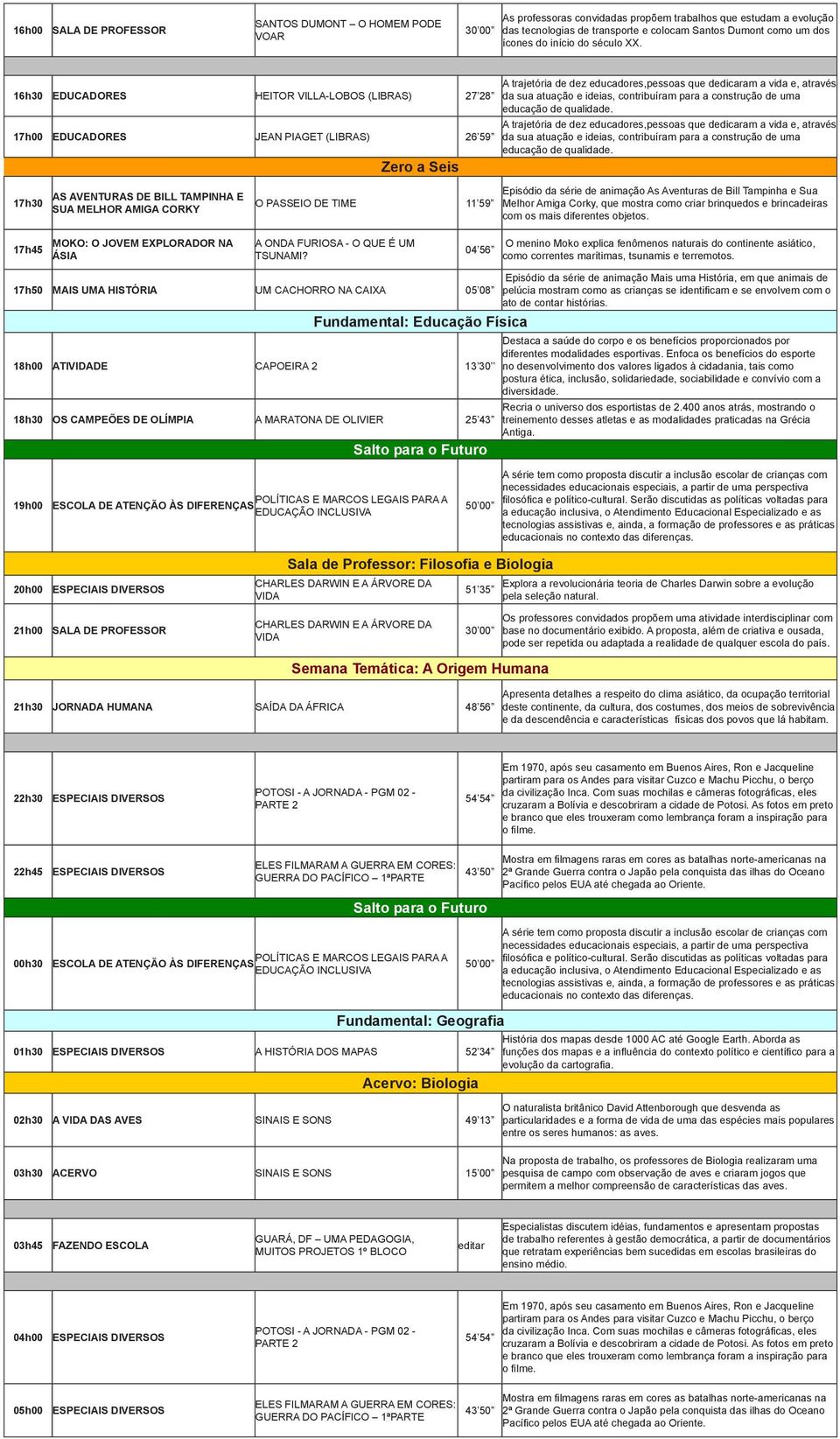 04 56 17h50 MAIS UMA HISTÓRIA UM CACHORRO NA CAIXA 05 08 18h00 ATIVIDADE CAPOEIRA 2 13 30 18h30 OS CAMPEÕES DE OLÍMPIA A MARATONA DE OLIVIER 25 43 Fundamental: Educação Física Destaca a saúde do