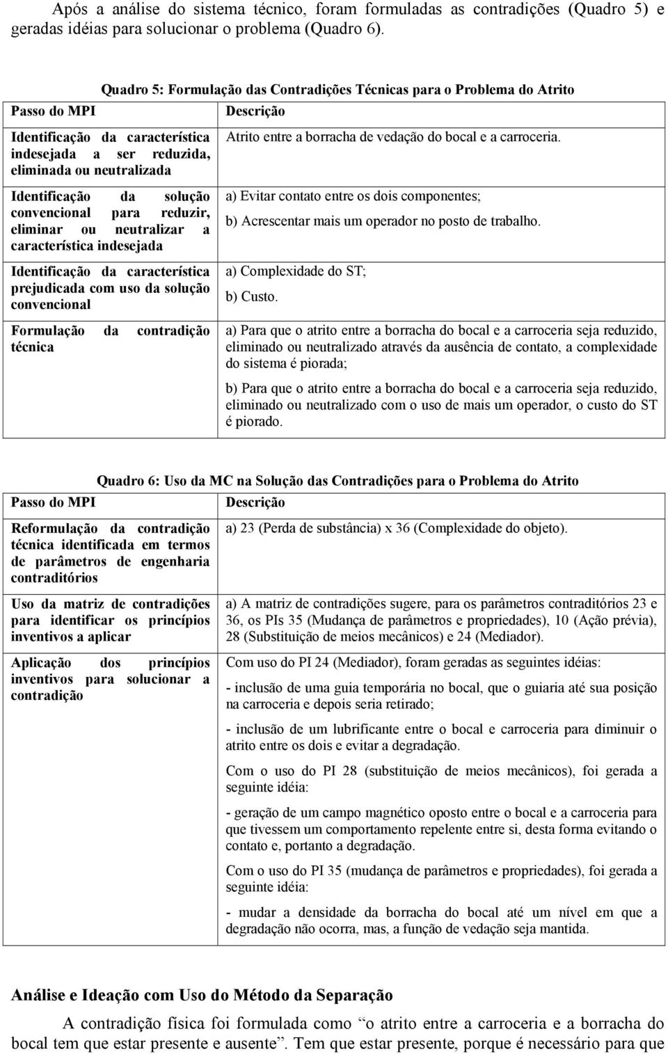 convencional para reduzir, eliminar ou neutralizar a característica indesejada Identificação da característica prejudicada com uso da solução convencional Descrição Atrito entre a borracha de vedação