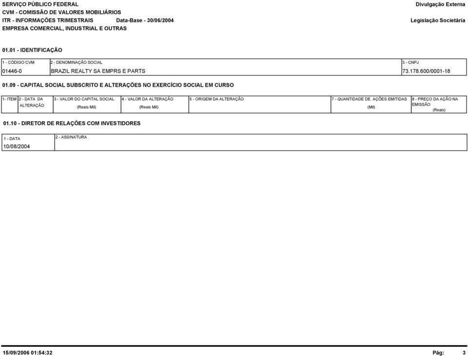 9 - CAPITAL SOCIAL SUBSCRITO E ALTERAÇÕES NO EXERCÍCIO SOCIAL EM CURSO 1- ITEM 2 - DATA DA ALTERAÇÃO 3 - VALOR DO CAPITAL SOCIAL (Reais Mil) 4 -