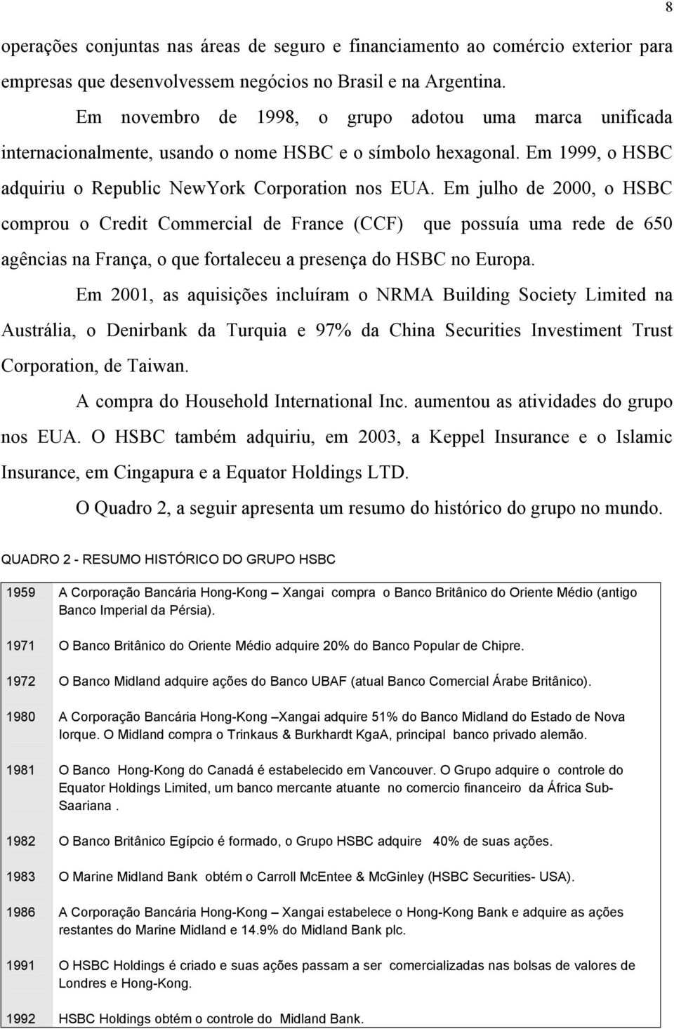 Em julho de 2000, o HSBC comprou o Credit Commercial de France (CCF) que possuía uma rede de 650 agências na França, o que fortaleceu a presença do HSBC no Europa.