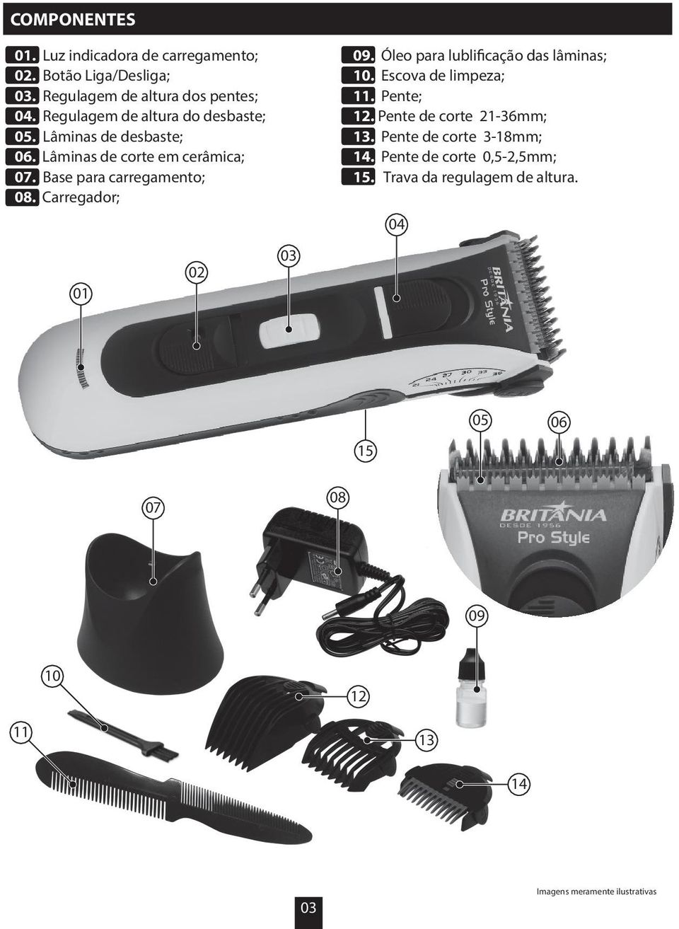 Carregador; 01 02 03 09. Óleo para lublificação das lâminas; 10. Escova de limpeza; 11. Pente; 12. Pente de corte 21-36mm; 13.