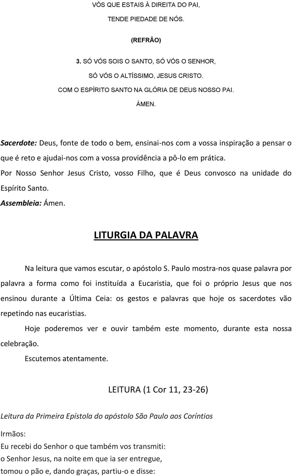 Por Nosso Senhor Jesus Cristo, vosso Filho, que é Deus convosco na unidade do Espírito Santo. Assembleia: Ámen. LITURGIA DA PALAVRA Na leitura que vamos escutar, o apóstolo S.