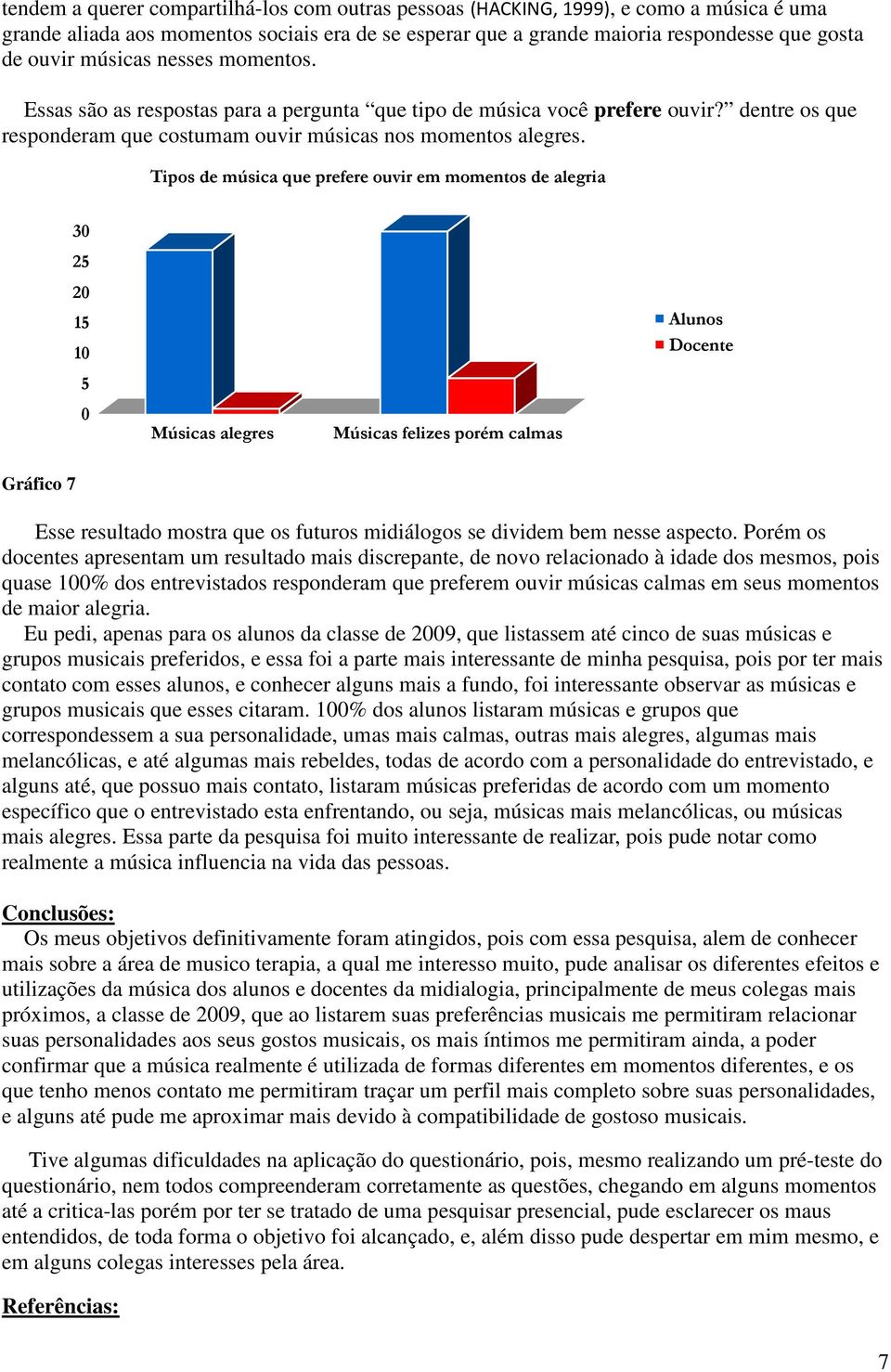 Tipos de música que prefere ouvir em momentos de alegria 3 2 2 1 1 Músicas alegres Músicas felizes porém calmas Gráfico 7 Esse resultado mostra que os futuros midiálogos se dividem bem nesse aspecto.