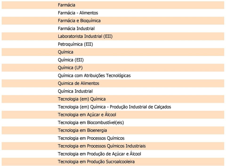 Química - Produção Industrial de Calçados Tecnologia em Açúcar e Álcool Tecnologia em Biocombustível(eis) Tecnologia em Bioenergia