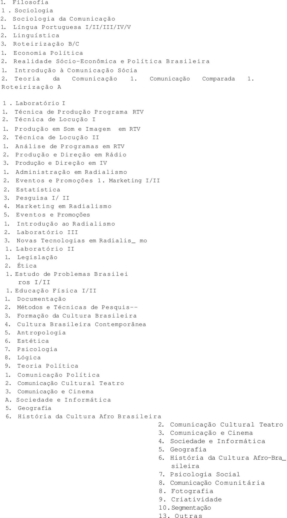 Produção em Som e Imagem em RTV 2. Técnica de Locução II 1. Análise de Programas em RTV 2. Produção e Direção em Rádio 3. Produção e Direção em IV 1. Administração em Radialismo 2.